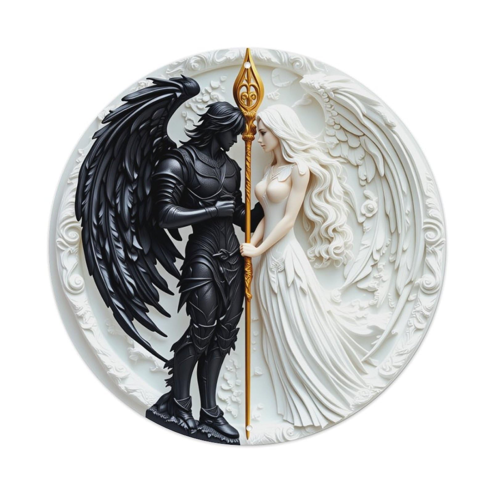Angel And Demon Embrace With Spear Round Tin Sign Retro Metal Sign for Cafe Bar Pub Home Game Room Gym Club Wall Decoration Vintage Metal Poster 8x8 Inch