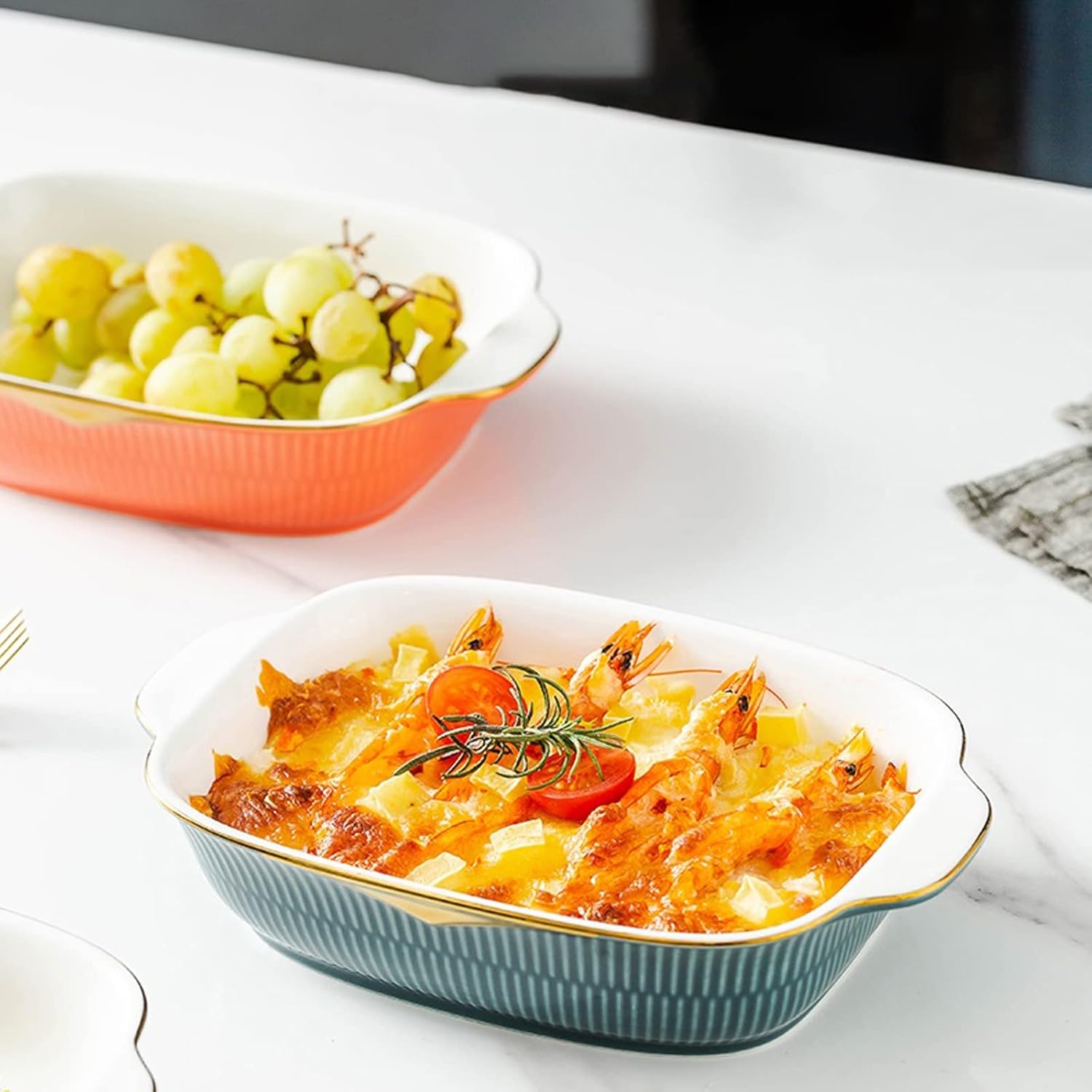 Baking Dish Household Baking Dish Ceramic Binaural Ovenware Kitchen Cheese Pizza Bake Pan Oven Use Rectangle Gold Plating Dish Lasagna Pans (Color : White) (Mug)
