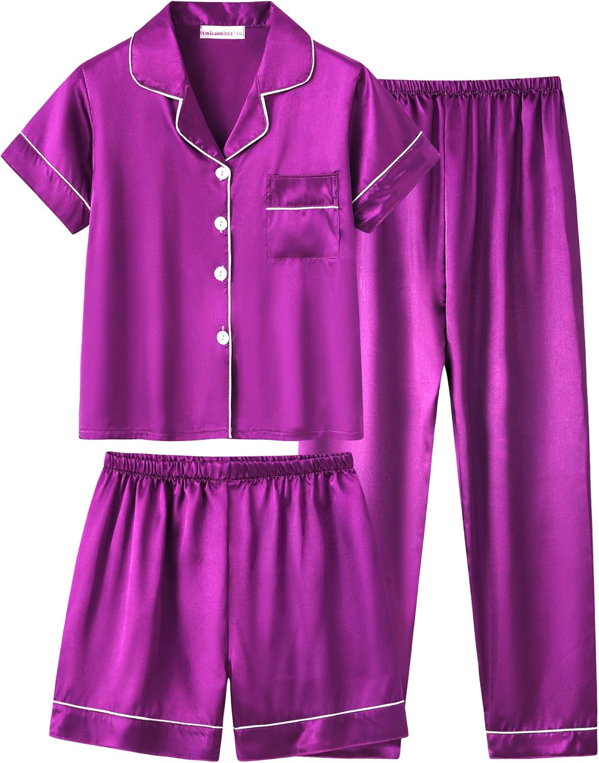 Satin Summer Pajamas for Big Girls Unisex Kids Silk Button Down Short Sleeve & Shorts PJS 3PCS Size 8-16