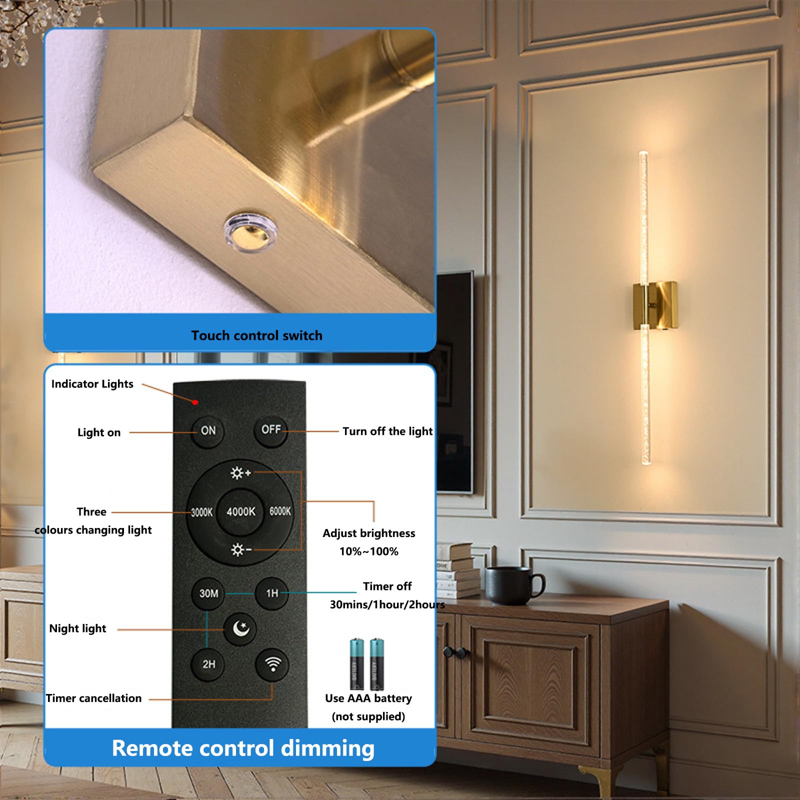 Lampada da Parete Senza Fili a Batteria, dimmerabile, con Controllo Touch, con Telecomando, Ricaricabile Tramite USB, per Camera da Letto e Soggiorno (Oro, 2 Confezioni, 100 cm)