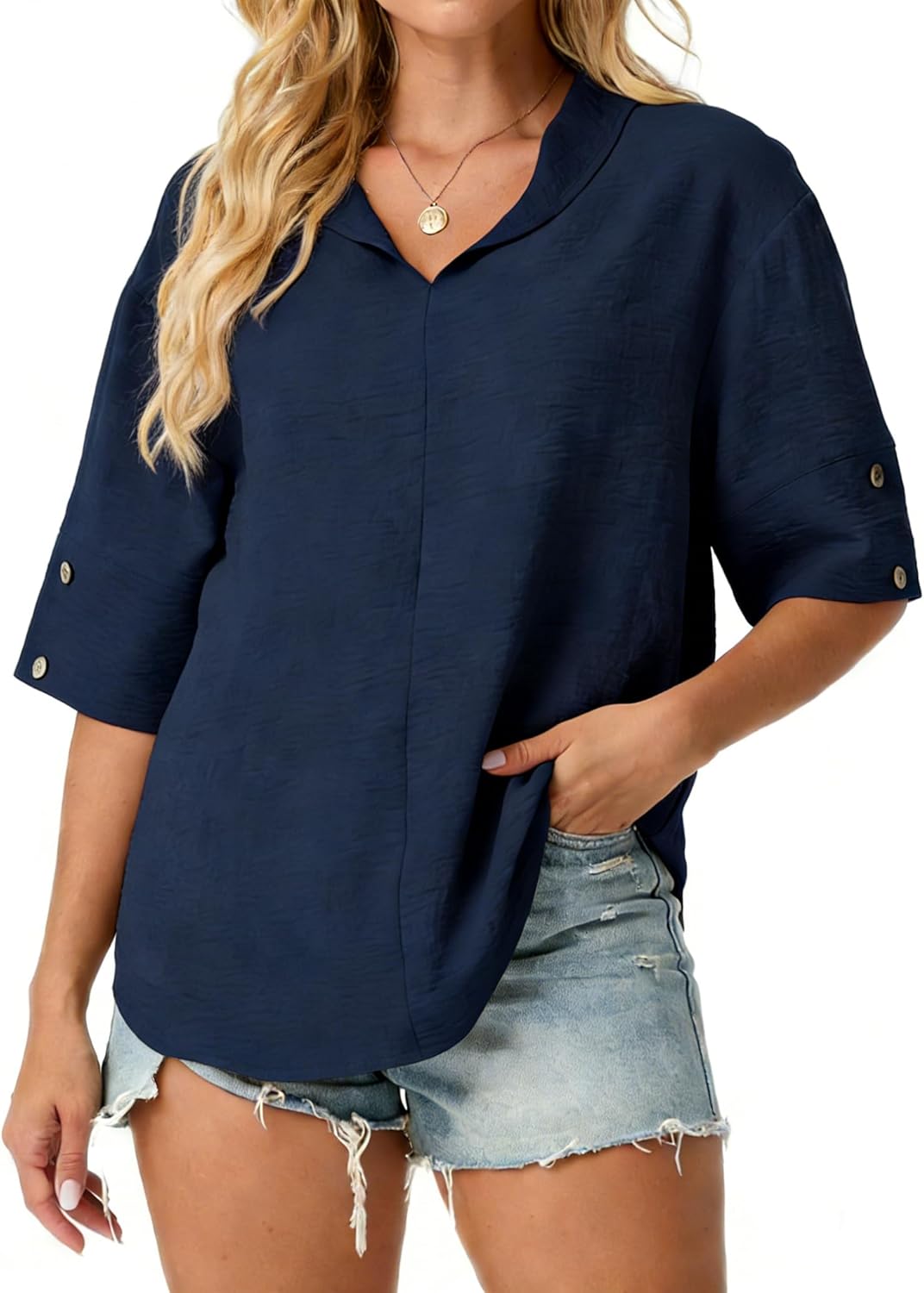 IWOLLENCE Collared Shirts for Women Half Sleeve V Neck Blouse Loose Fit Pullover Summer Tops - Image 2