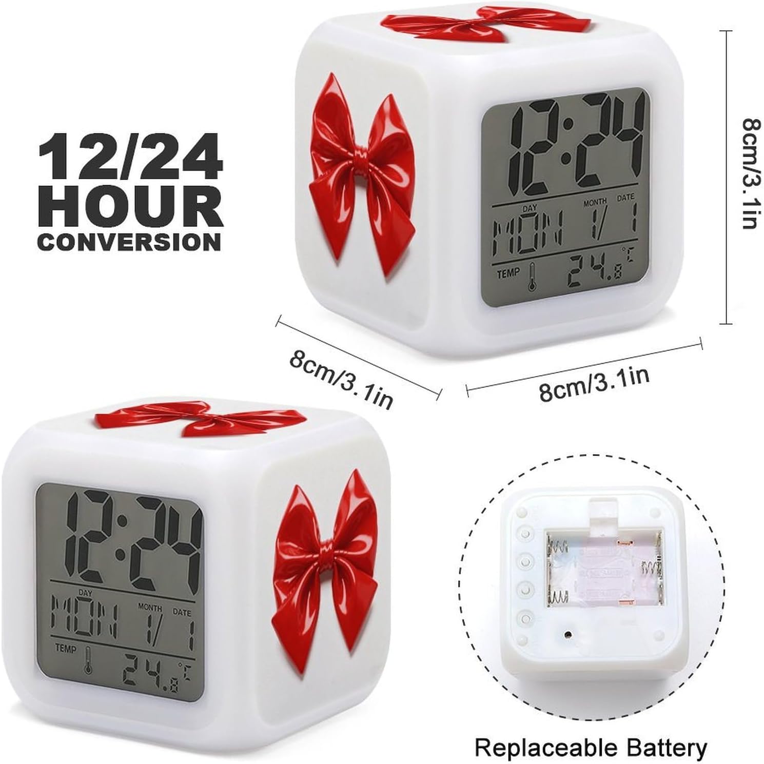 Night Light Alarm Clock, 7 Color Changing, Red Bow image 3