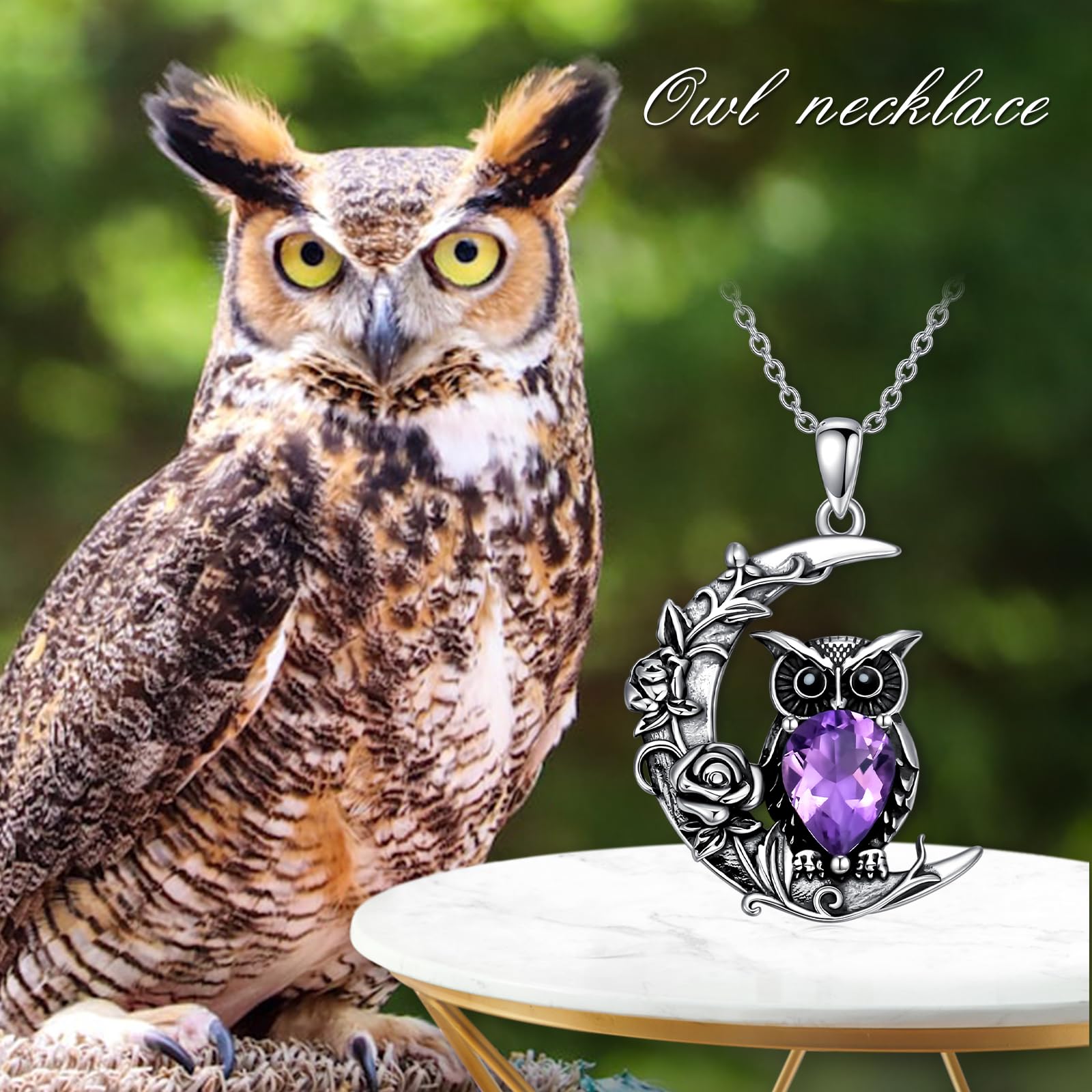 AXELUNA Amethyst Eule Halskette für Frauen 925 Sterling Silber Halbmond Eule Rose Halskette Schmuck Geschenke für Mutter Ehefrau