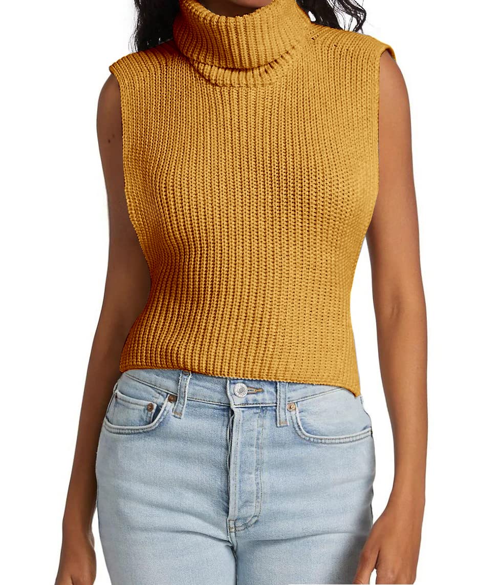 Womens Sleeveless Sweater Vest Turtleneck Ribbed Knit Tank Tops Basic Slim Fit Top