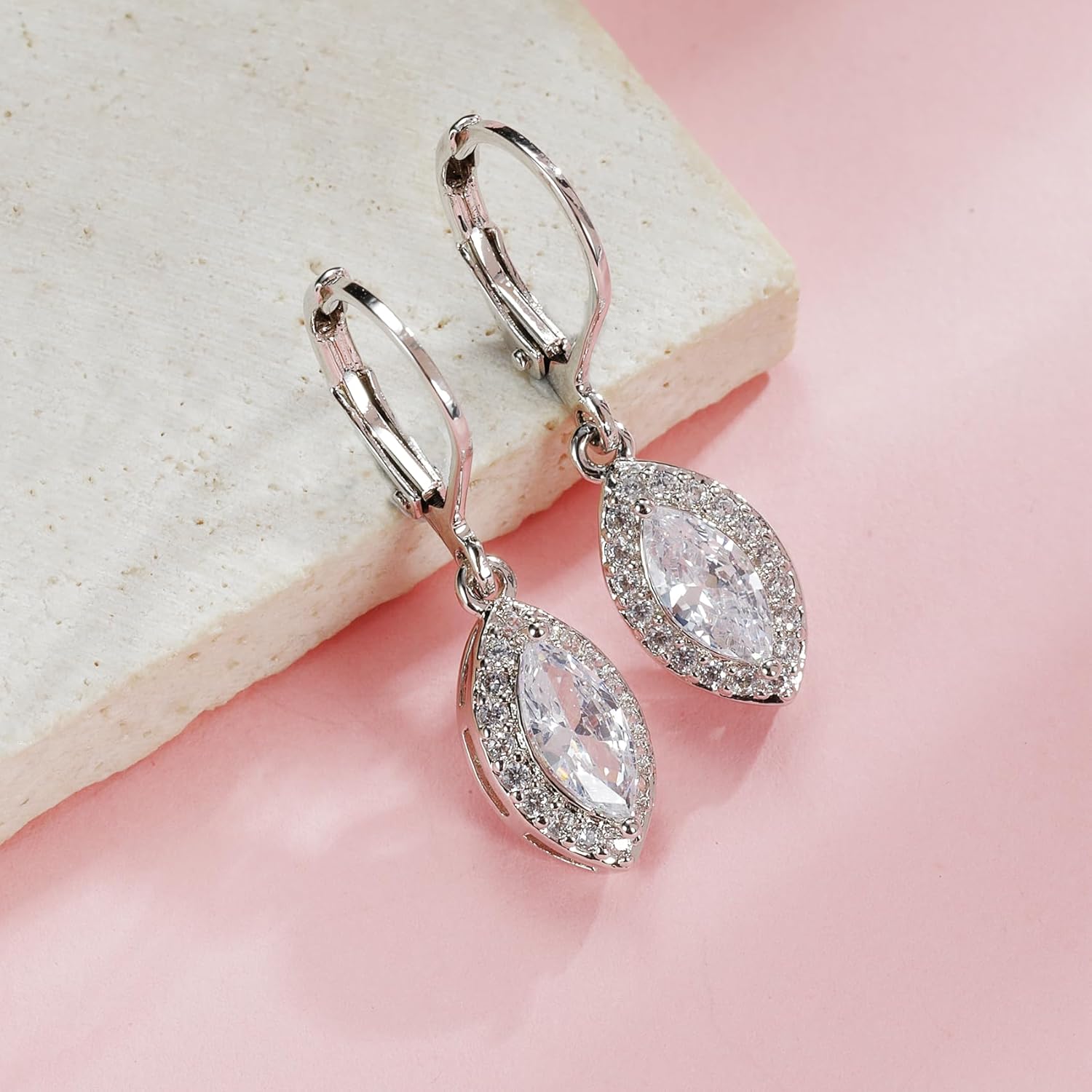 2-4 Pairs Dangle Earrings Set White Gold Plated Round Square Heart Cut Clear Cubic Zirconia Halo Drop Earrings for Women - Image 3