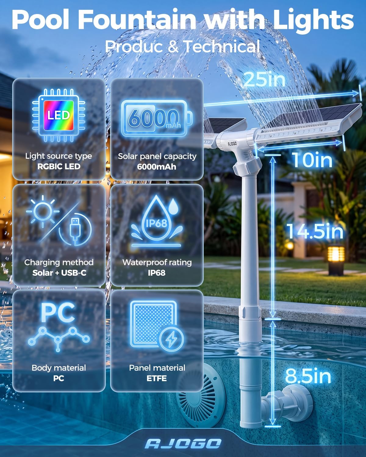 Solar Pool Fountain with Lights, Dual-Head Adjustable Spray & Timer, Remote Control, Auto Dusk Sensor, 10-Color LED Modes & 15°F Cooling Spray for Above & Inground Pools