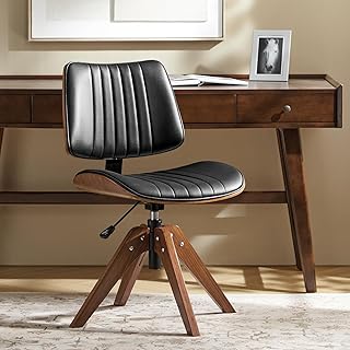 HULALA HOME Faux Leather Home Office Chair with Solid Wood Legs, 360° Swivel Desk Chair No Wheels with Bentwood Design, Mid-Century Modern Wide Seat Computer Task Chair, Black