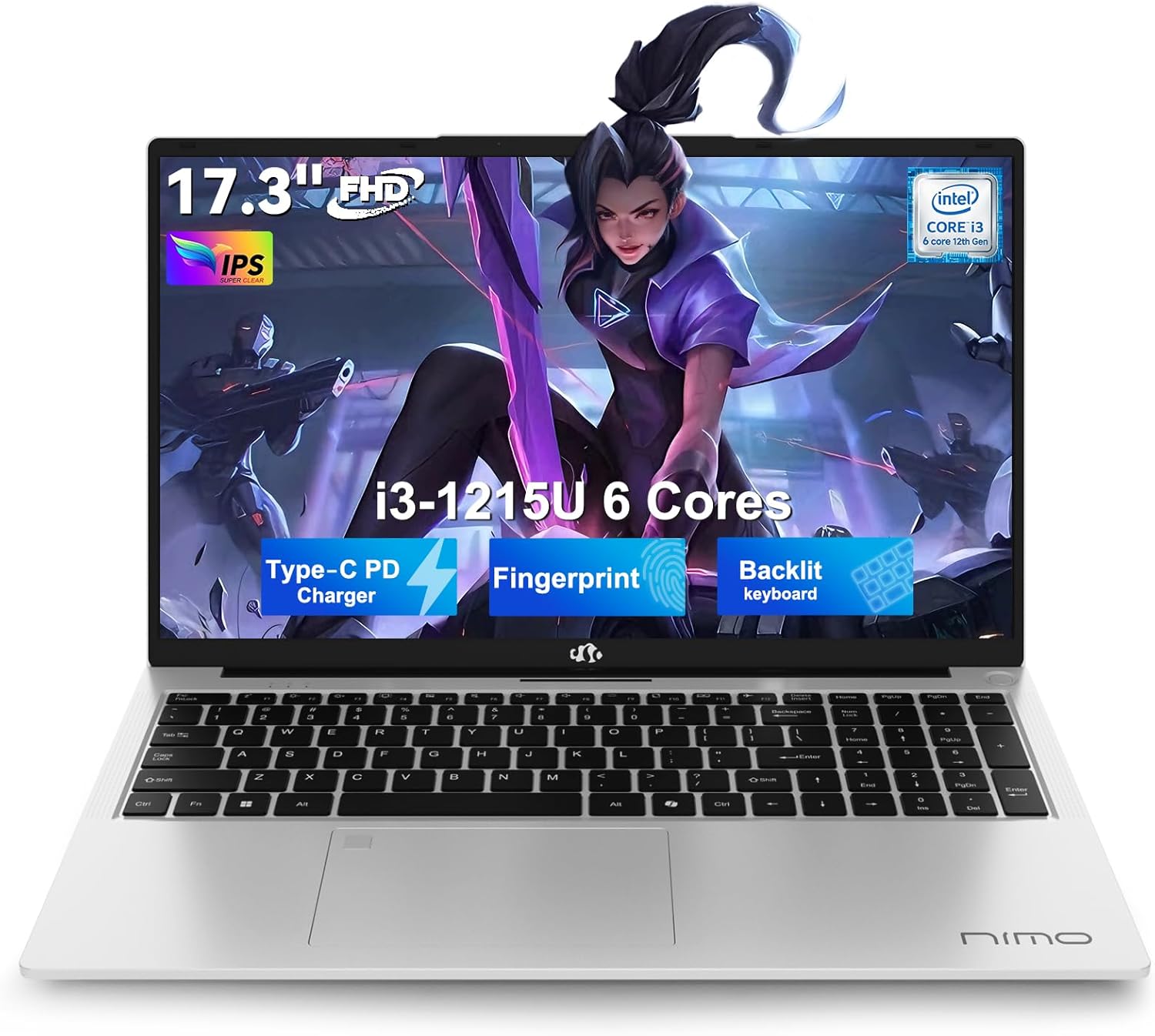 NIMO 17.3" FHD IPS Laptop with 180° Lay-Flat Hinge, Core i3-1215U (Up to 4.1GHz), 16GB RAM, 1TB SSD, Backlit Keyboard, Fingerprint Reader, USB-C PD 65W Fast Charging, Windows 11 Home