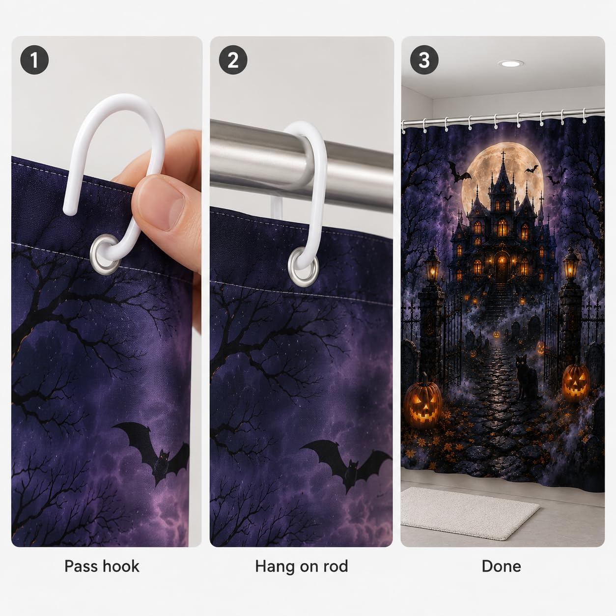 4 Pcs Halloween Shower Curtain Set, Halloween Bathroom Decor Gifts
