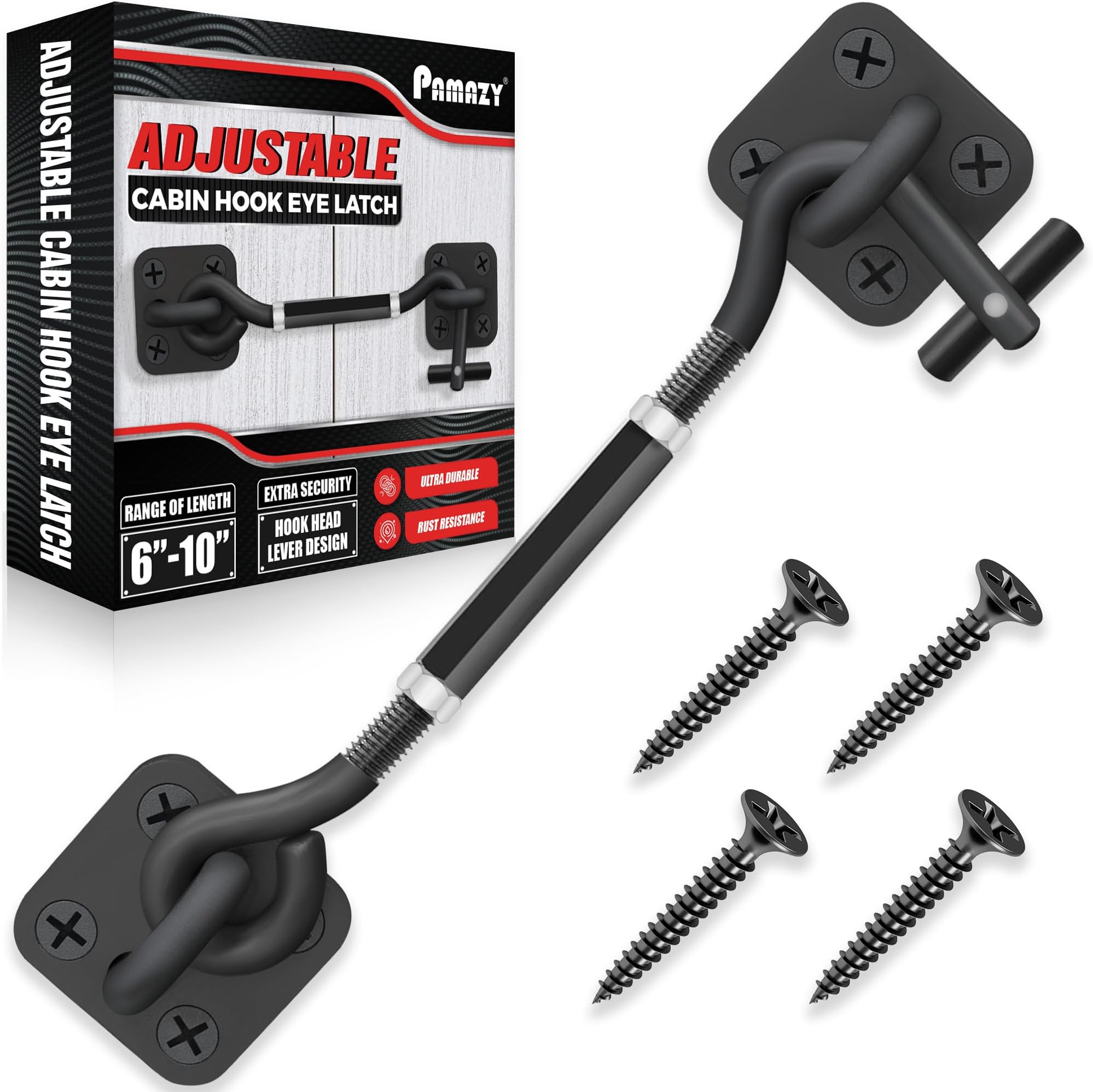 [Upgrade Adjustable] 6”-10” Cabin Hook Eye Latch Gate, Heavy Duty 4 Mounting Points Bracket, Barn Door Lock Latch, Durable Door Swivel Window Hook Lock for Sliding Door, Outdoor, Window, Cabinet