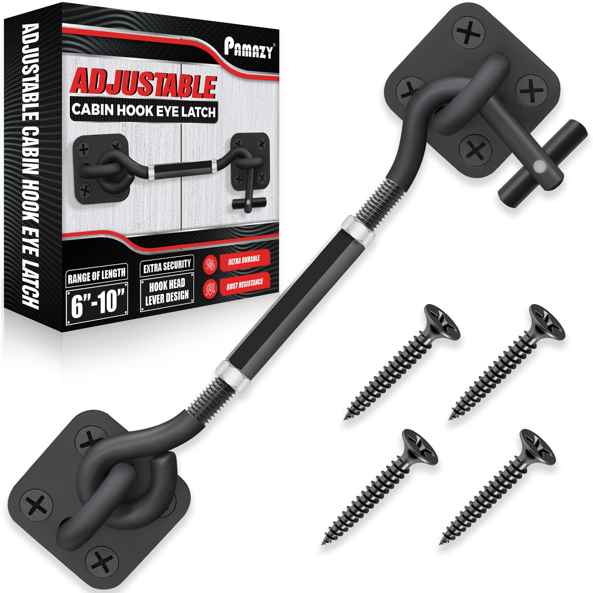 [Upgrade Adjustable] 6”-10” Cabin Hook Eye Latch Gate, Heavy Duty 4 Mounting Points Bracket, Barn Door Lock Latch, Durable Door Swivel Window Hook Lock for Sliding Door, Outdoor, Window, Cabinet