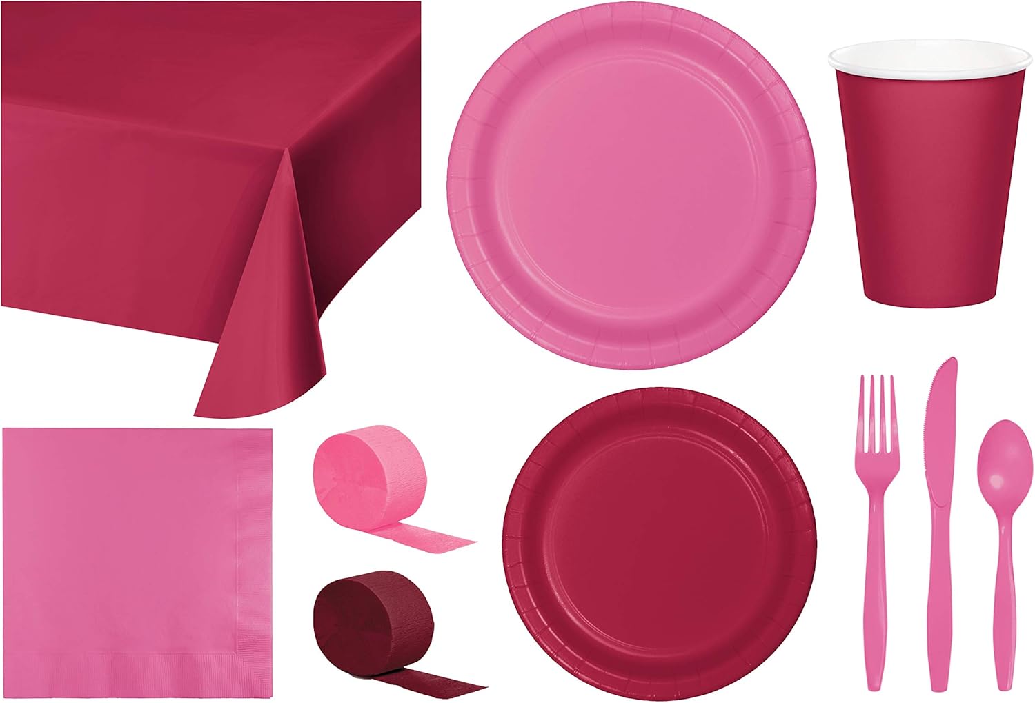 Baxters Party Bundle Bulk, Tableware for 24 People Burgundy and Candy Pink, 2 Size Plates Napkins, Paper Cups Tablecovers and Cutlery, Box of 199