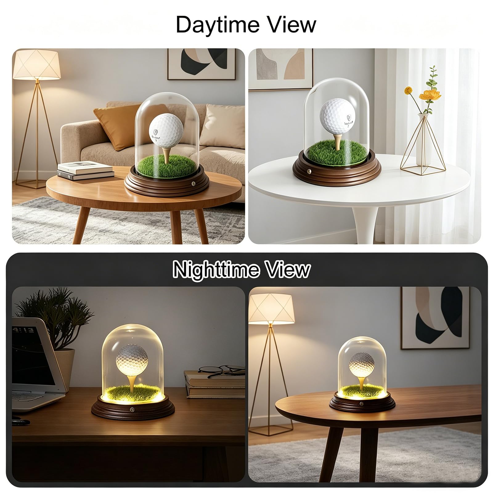 Vitrina para pelotas de golf con iluminación LED, soporte de recuerdo de cristal transparente con base de madera, soporte para pelotas de golf para recuerdos y coleccionables (para 1 pelota