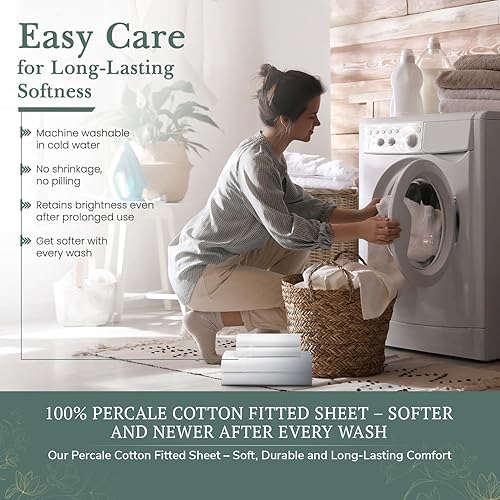 Miniatura 8 de Feather & Stitch Sábana Bajera Solamente, 100% Algodón 300TC Tejido Percal Ligero Refrescante y Transpirable Sábana Bajera con Elástico Regular