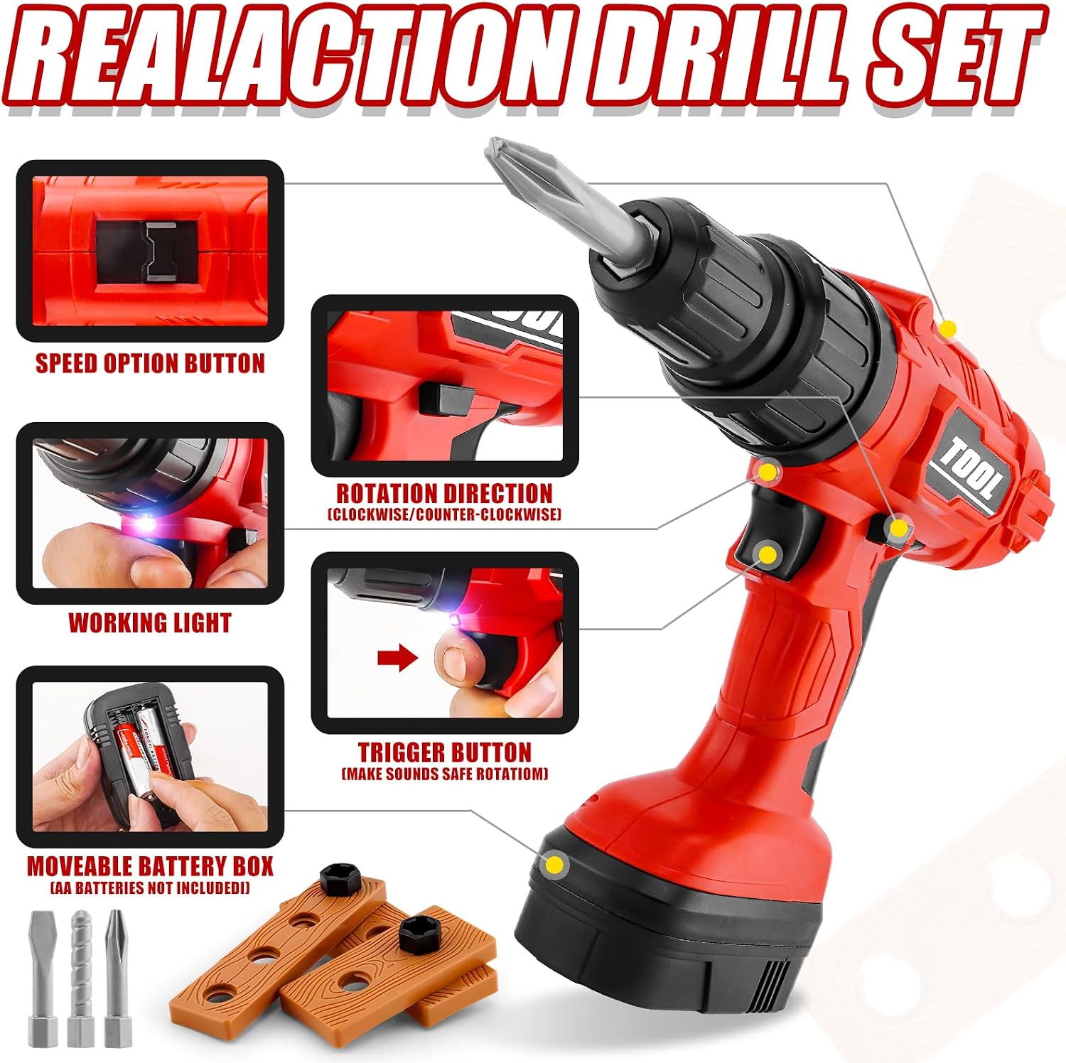 Electric Power Kids Drill and Screw set,Toy Drill include 3 interchange dirll bits ,Pretend Play Tool,STEM Drill Toys for boys Ages 3-5 Boys,Fine Motor Skills Educational Birthday Gift for Toddlers