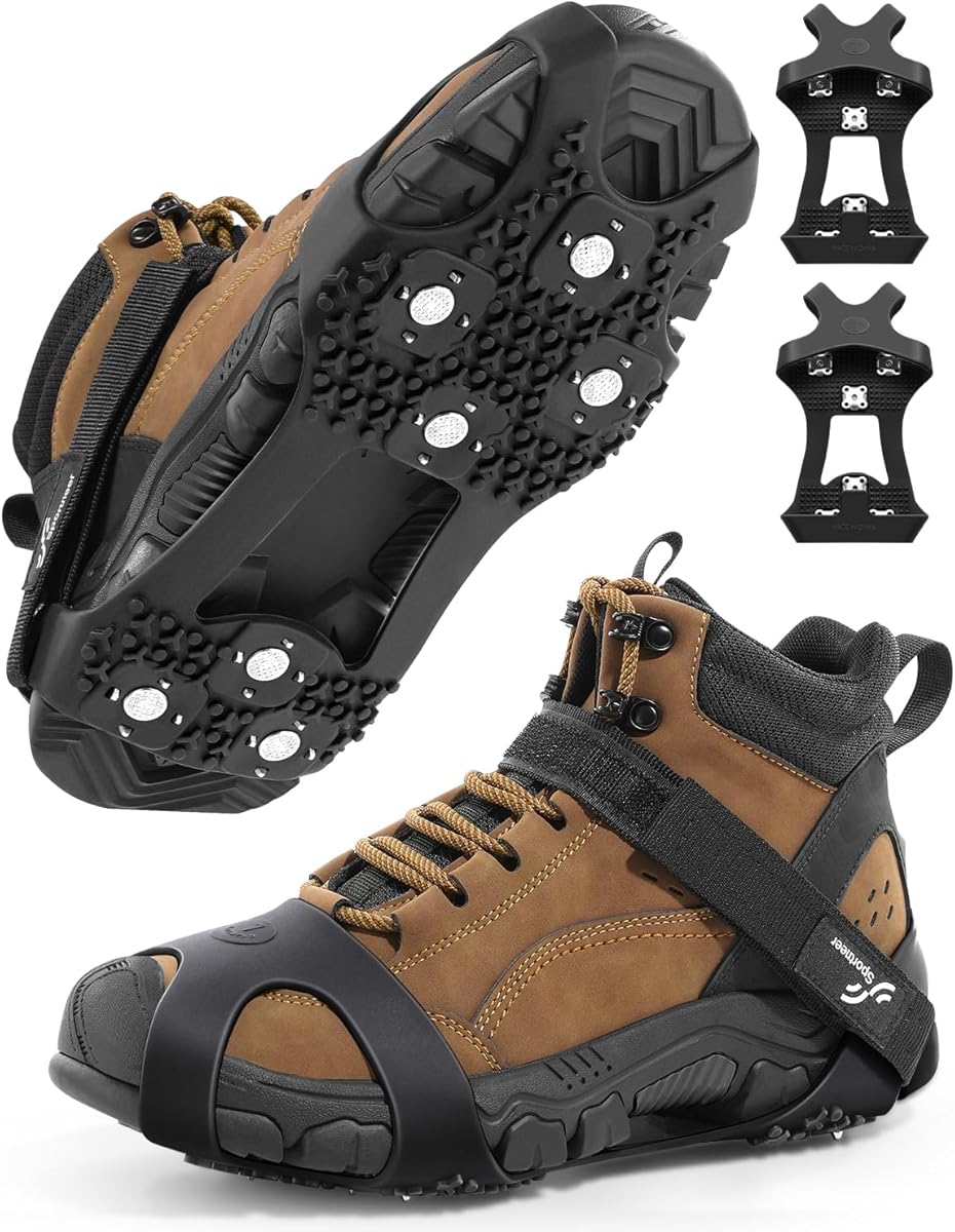 Sportneer Crampons： Ice Cleats for Shoes and Boots with 28 Spikes - Traction Slip-on Stretch Footwear for Walking and Shoveling on Ice and Snow - Lightweight for Women and Men