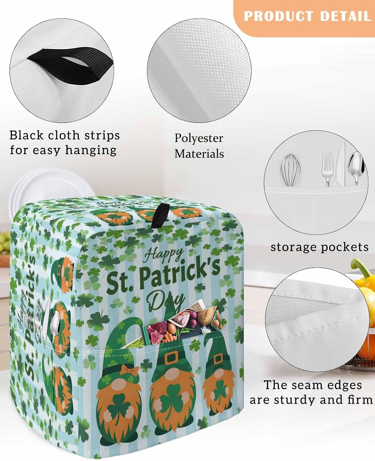 St. Patrick's Day Stand Mixer Cover with Storage Pocket, Waterproof Kitchen Mixer Covers, Gnomes Shamrock Clovers Blue Stripes Kitchen Appliance Dust Cover Compatible with 6-9 Quart Mixers