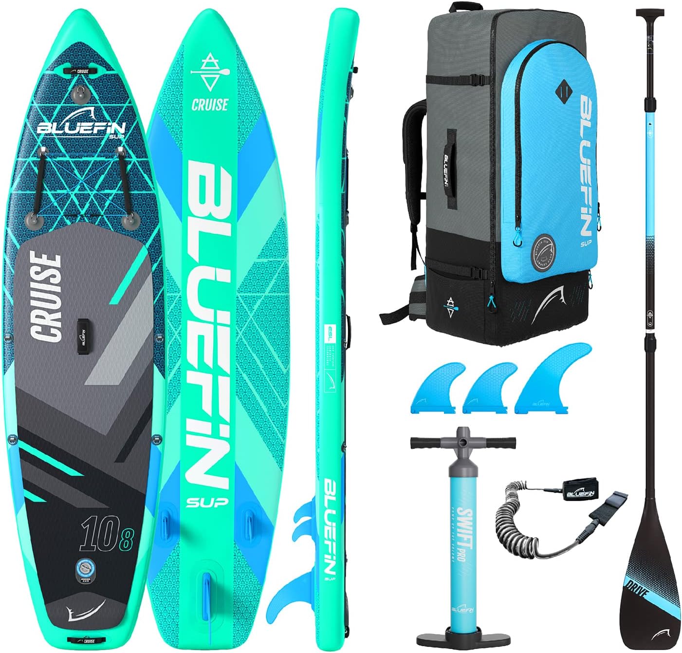 Bluefin® Cruise SUP Boards Premium Stand Up Inflatable Paddle Board Stable Design Non-Slip Design with Fibreglass Paddle & Accessories 5 Year Warranty Multiple Sizes for Adults