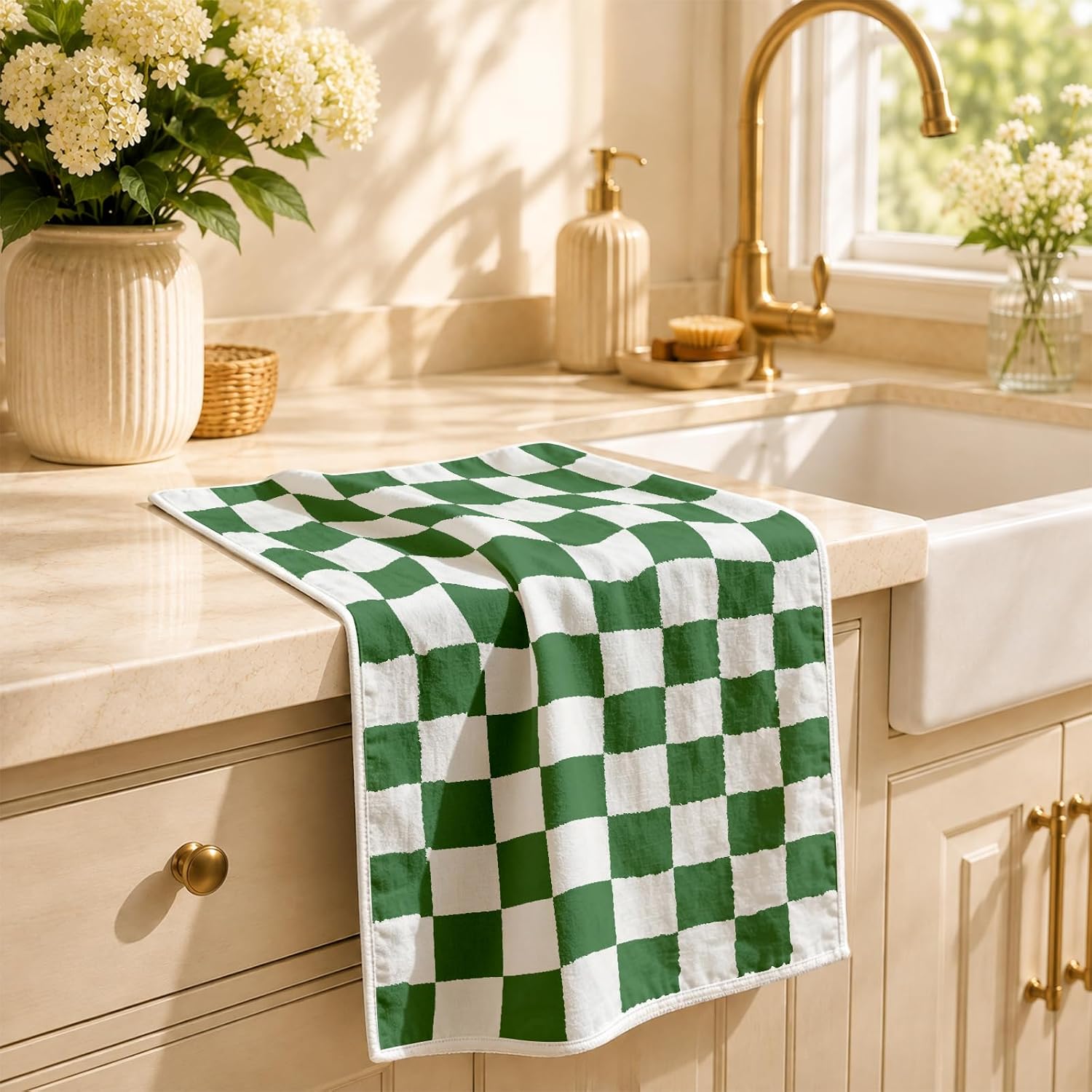 16 x 24 Inch Cute Printed Microfiber Kitchen Towel, Highly Absorbent Quick Dry Dish Cloth for Home Cooking & Decor, Soft Lint-Free Reusable Tea Towel(Green Checkered) image 3