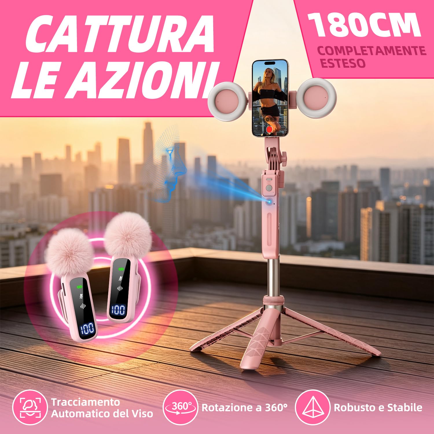 yAyusi Kit di Vlogging Rosa per iPhone/Android, Automatico Volto Rilevamento Treppiede Magnetico 180cm con Luce e Microfono, Kit Completo per Youtube e TikTok Sviluppato Appositamente per le Donne