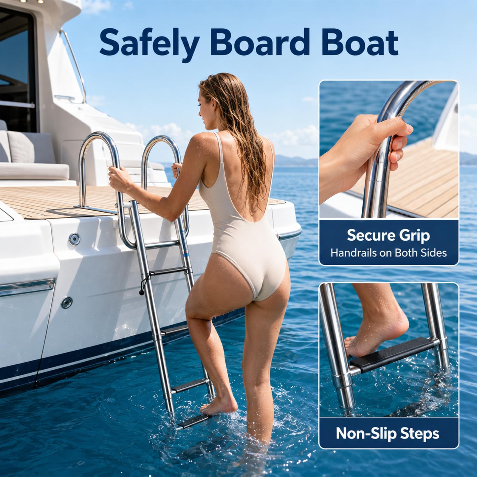Scaletta per Piscina con 4 Gradini in Acciaio Inox, Scaletta da Barca Pieghevole e Telescopica con Corrimano e Gradini Antiscivolo, per Yacht, Pontone, Molo e Dock, Portata fino a 227kg（S）