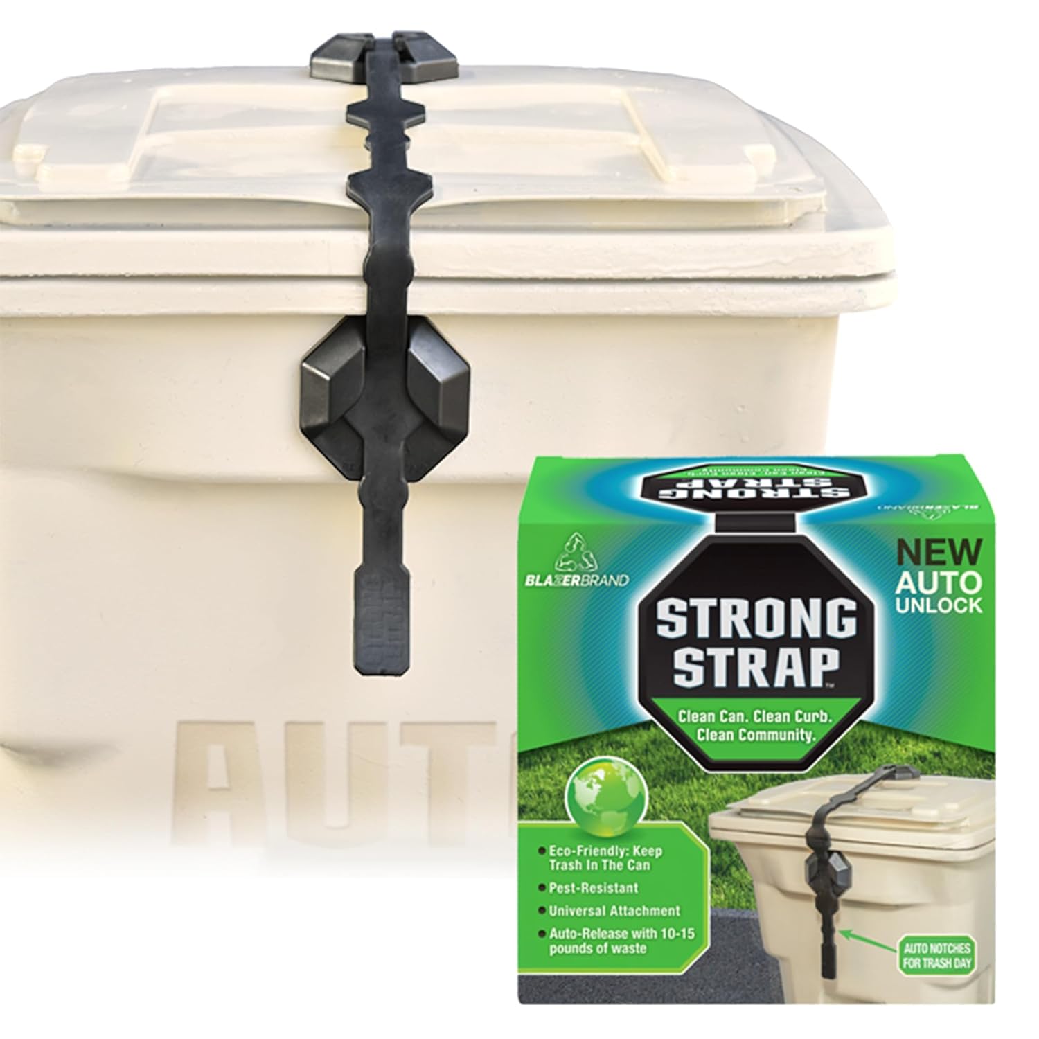 Blazer Brand Strong Strap AUTO Outdoor Trash Lid Lock – Curbside Gravity Release Setting, Fits 32–96 Gallon Cans, No Tools Required (1 Pack) Mitigate Pests, Wind, Overflow, and Spillage