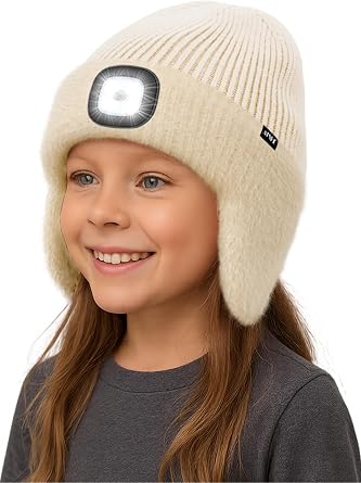 ATNKE Kids LED Lighted Lined Fleece Beanie Cap with Earflap, USB Rechargeable 4 LED Run Headlamp Hat for Boys and Girls