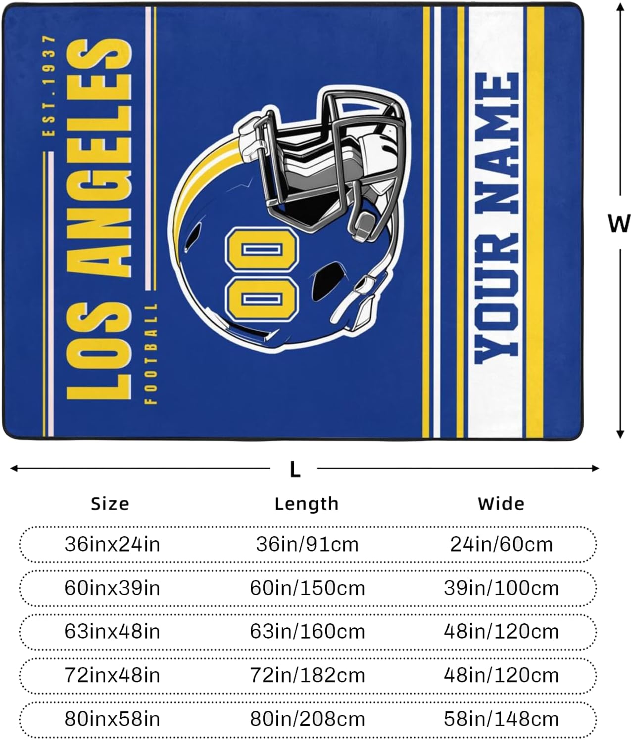 Custom Football Rug, Personalized Los Angeles R Area Carpet with Name Number, Customized Sports Rugs Gifts for Fans Living Room Bedroom Bathroom Kitchen Office Garden Balcony Decor, Large Size