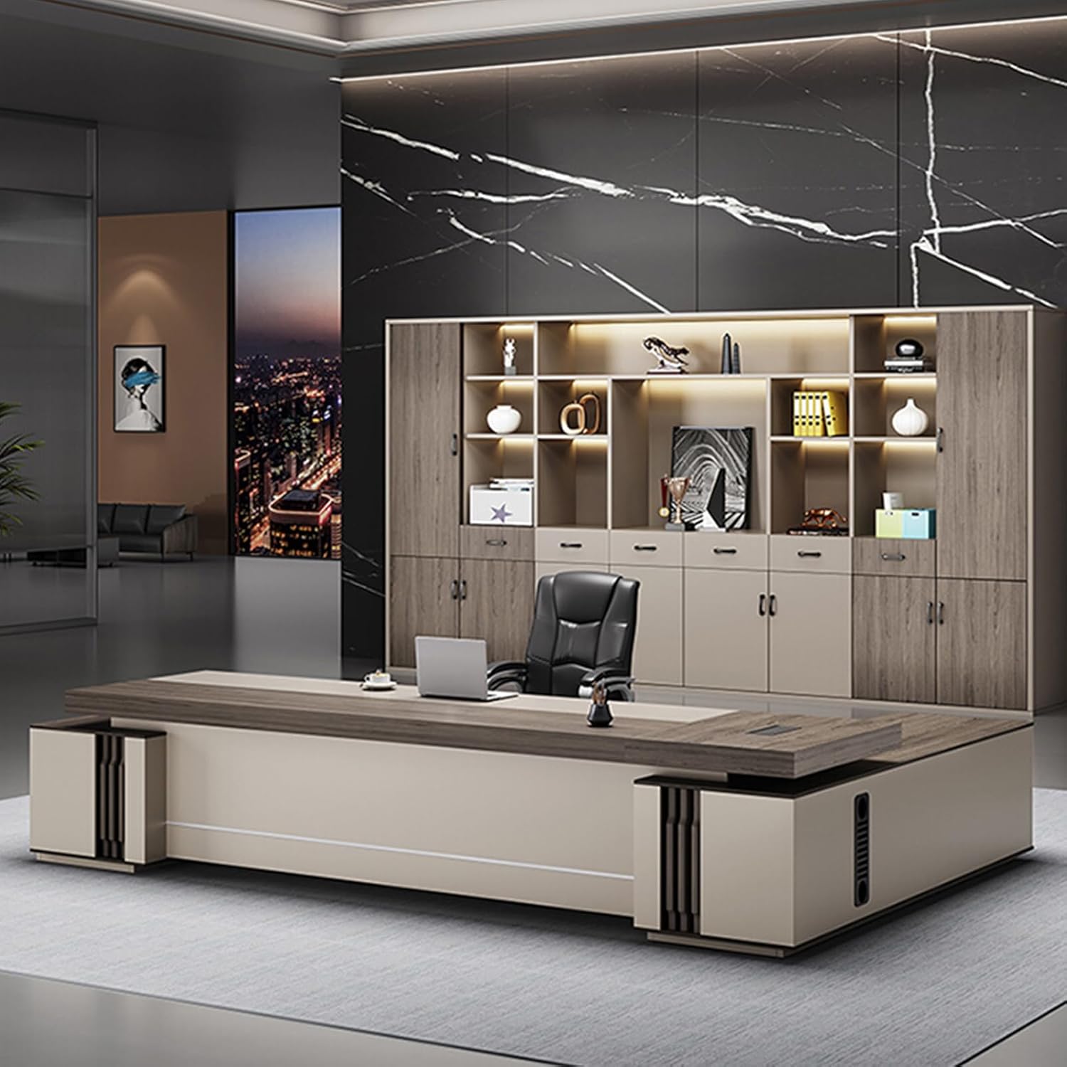 L-Shaped Brown Computer Desk, Executive Office Desk with Lateral Cabinet, Gaming Study Table Business Furniture Set for Home Office