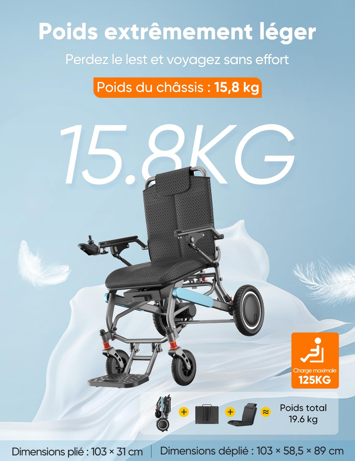 Fauteuil roulant électrique pliable – 15,8 kg, autonomie 20 km, frein électromagnétique, charge 125 kg. Idéal voyages & quotidien. Équipé de pneus caoutchouc 30 cm adaptés tous terrains.