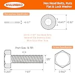 3/8-16 x 1-1/4" Hex Head Bolts Screws, Nuts, Flat and Lock Washers Assortment Kit, 304 Stainless Steel(18-8), Machine Fully Thread, Bright Finish 8Sets