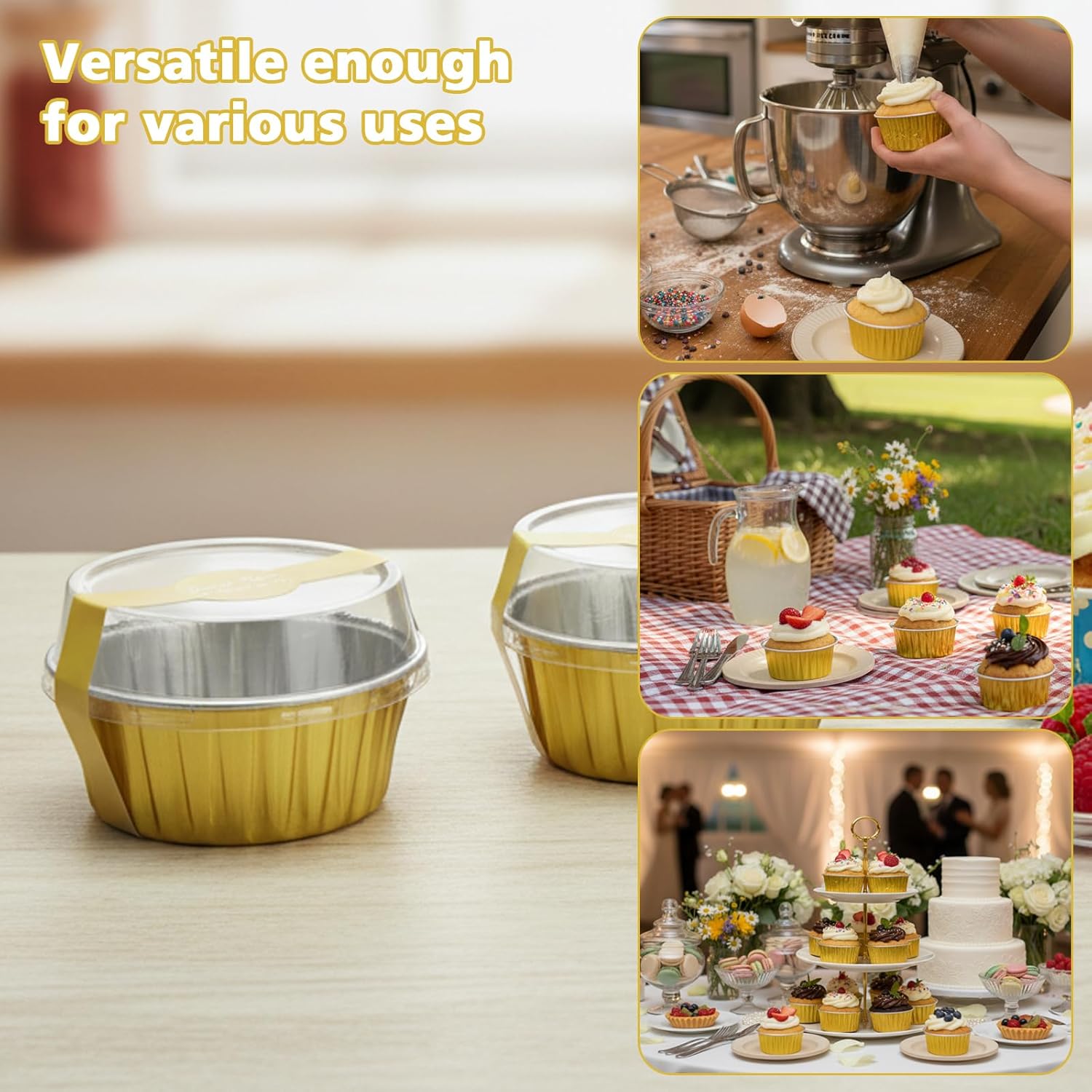 Ruckae 5oz 100 PCS Round Mini Loaf Pans with Lids,Mini Cake Pans with Lids,Disposable Aluminum Foil Ramekins Baking Cups for Birthday Party Weddings (Gold, 5oz)