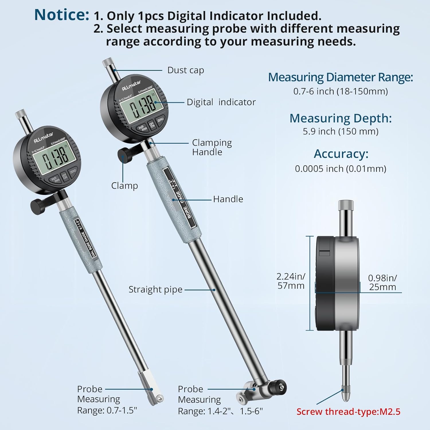 Digital Dial Indicator Bore Gauge Set with 23 Anvils, 0.7"-6" Measuring Range,0.0005" Accuracy, 6" Depth for Engine Cylinder, Bearing, and Hydraulic Cylinder Measurements
