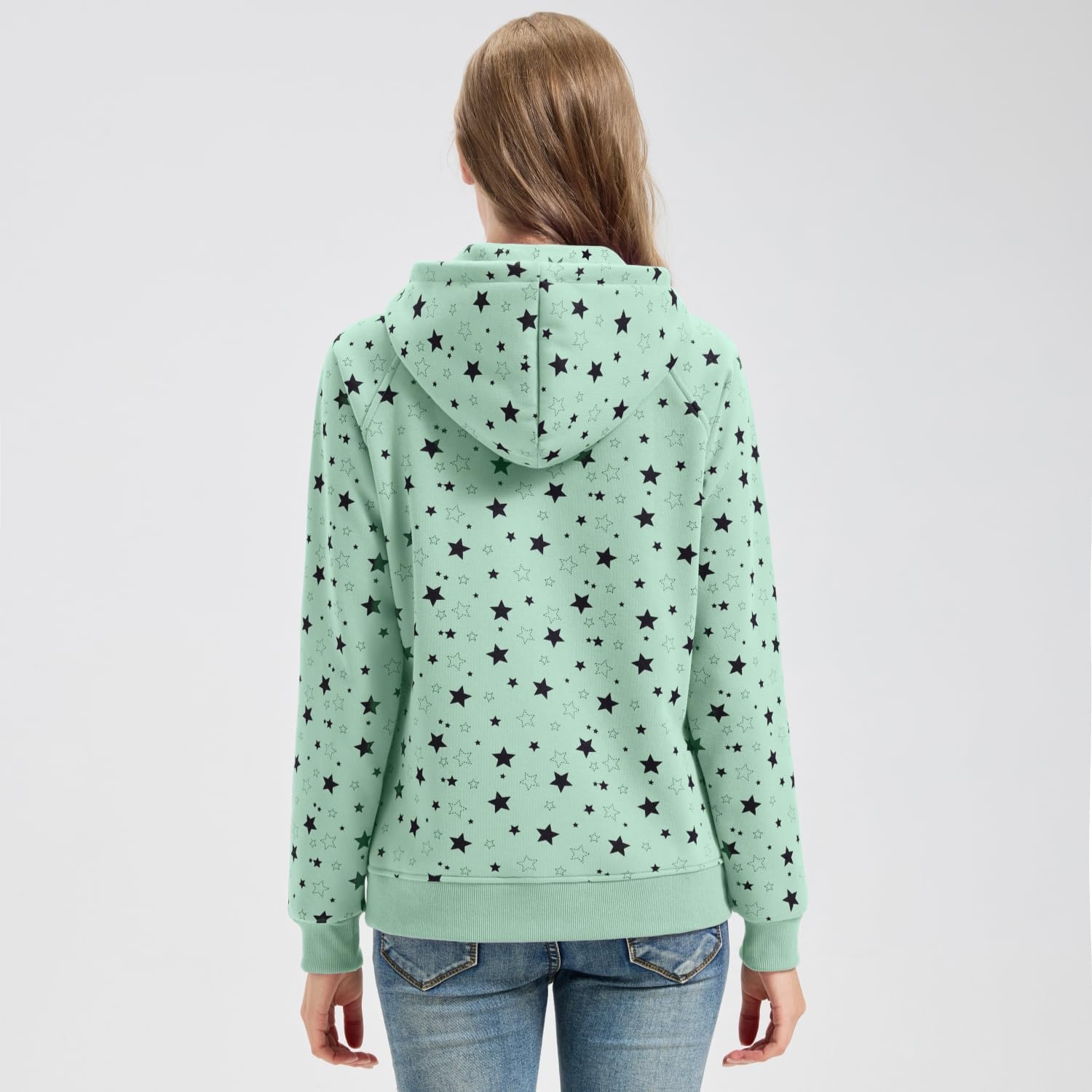 Women’s Hoodies Zip Up Long Sleeve Regular Fit Printed Hooded Sweatshirt Casual Coat Tops Black