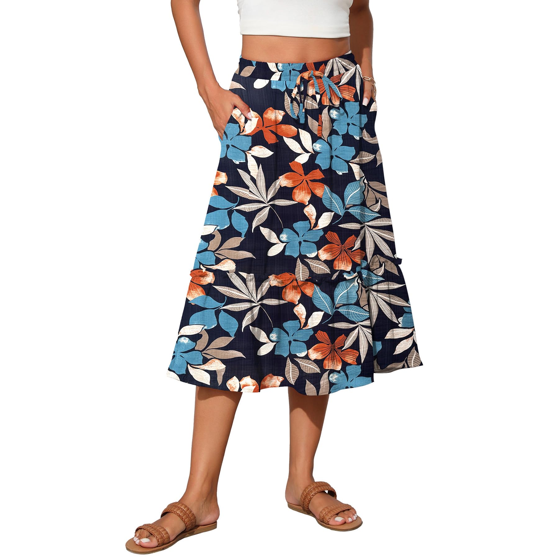 Witsmile Womens Skirts Long Length with Pockets Flowy Skirts for Women Trendy Summer Beach Cover-Ups(FP Navy Print,M)