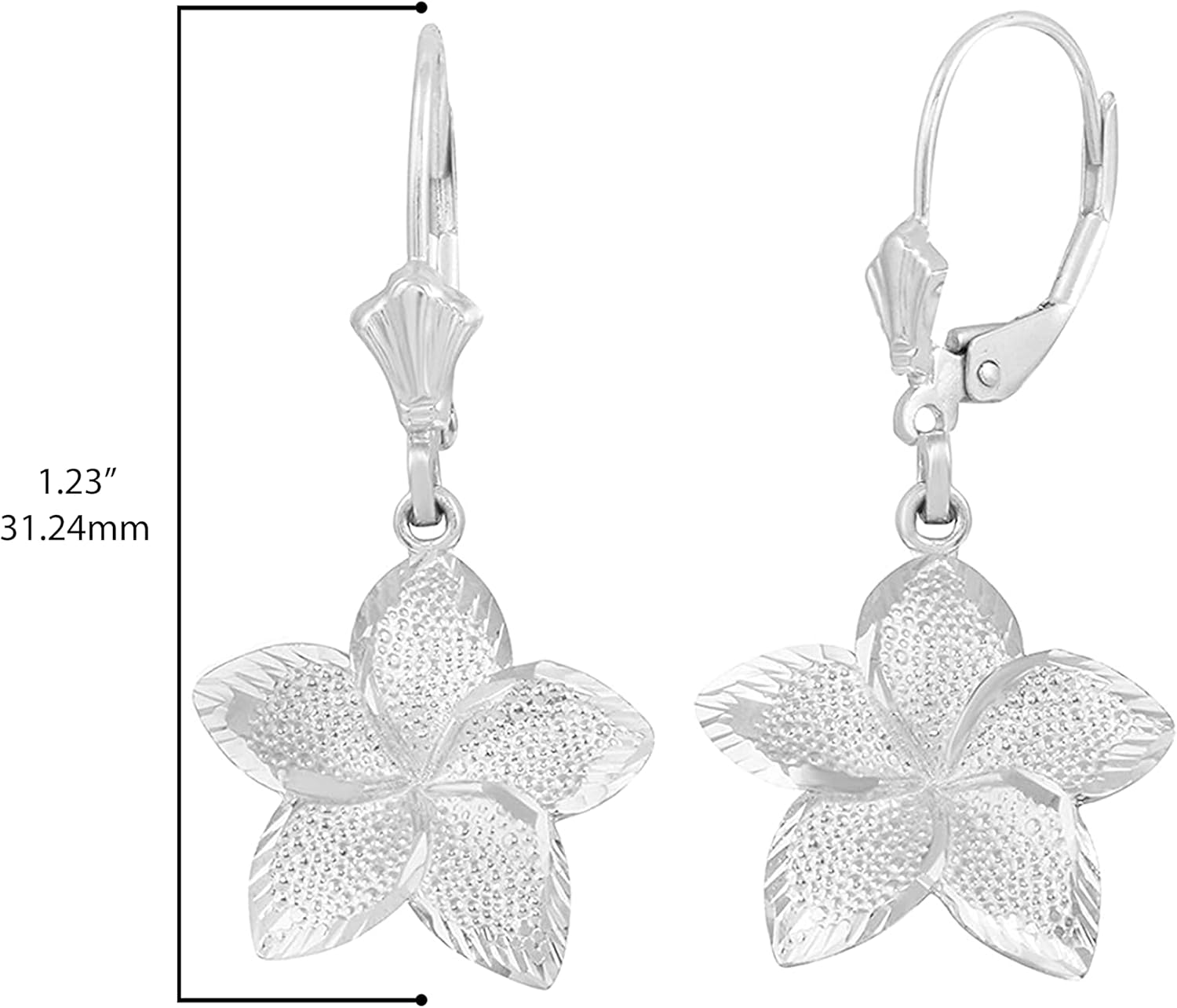 Miniatura 3 de .925 Sterling Silver Textured Hawaiian Plumeria Frangipani Flower Dangle Style Leverback Earrings - Choice of Size