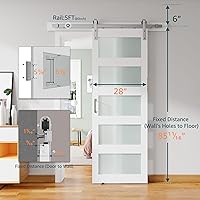 Vista 2 de Puerta de granero de vidrio de 28'' x 84'' y kit de herrajes de níquel cepillado de 5 pies incluido, losa de puerta de granero blanca de MDF