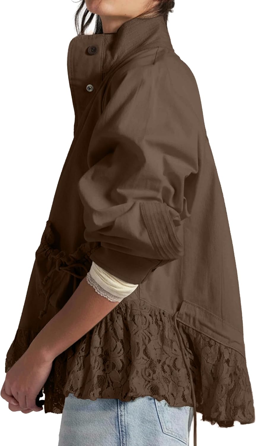 Womens Lace Trim Utility Jacket Lightweight Funnel Neck Casual Coat