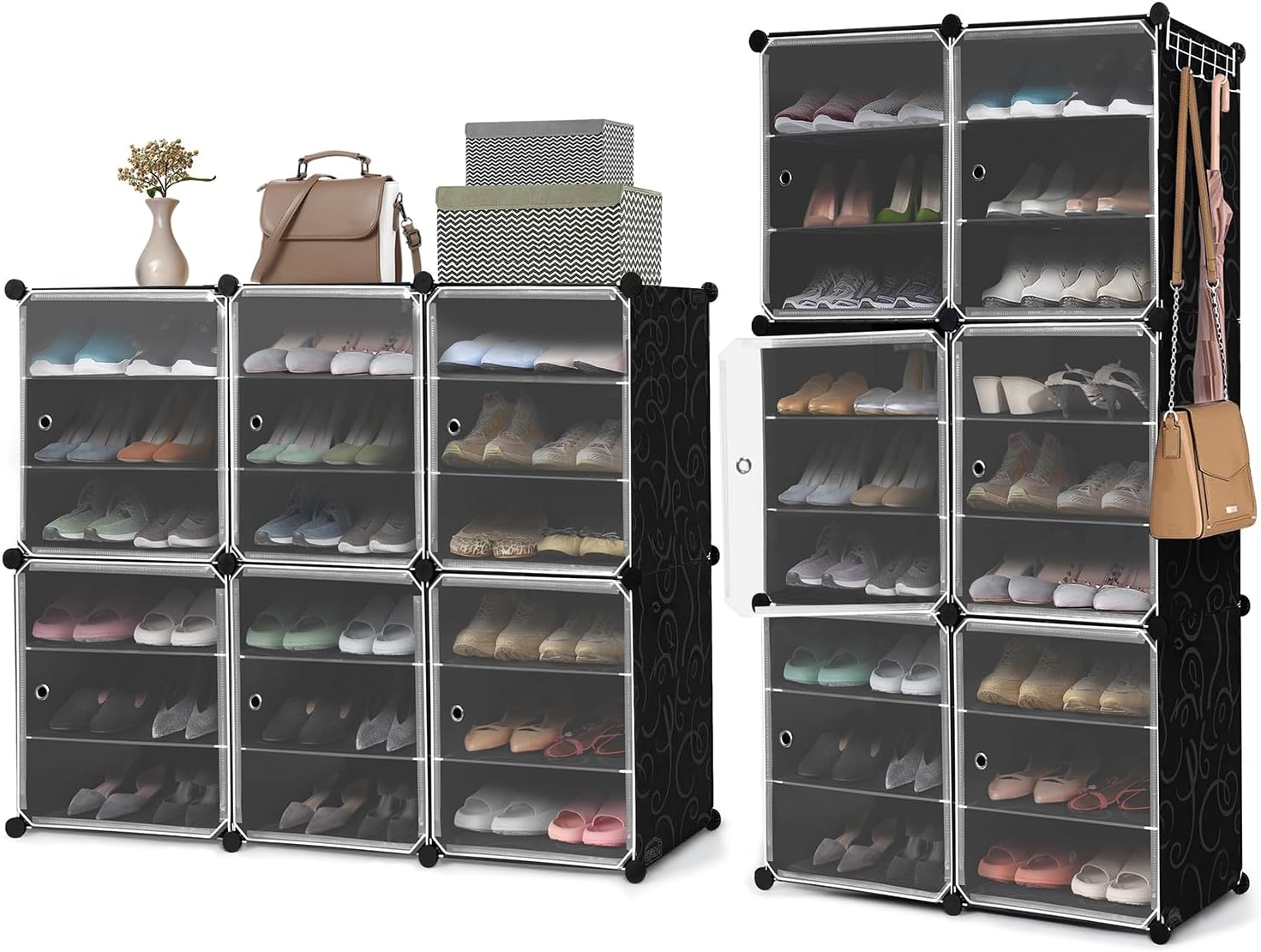 ABOUT SPACE Shoe Rack for Home with Door - 36 Pair DIY Slipper Stand with Hanger, 6 Cube Expandable Shelves Closed Shoes Rack for Home Men, Women Heels Boots Flip-Flops(Black-L 80 x B 30 x H 135 cm)