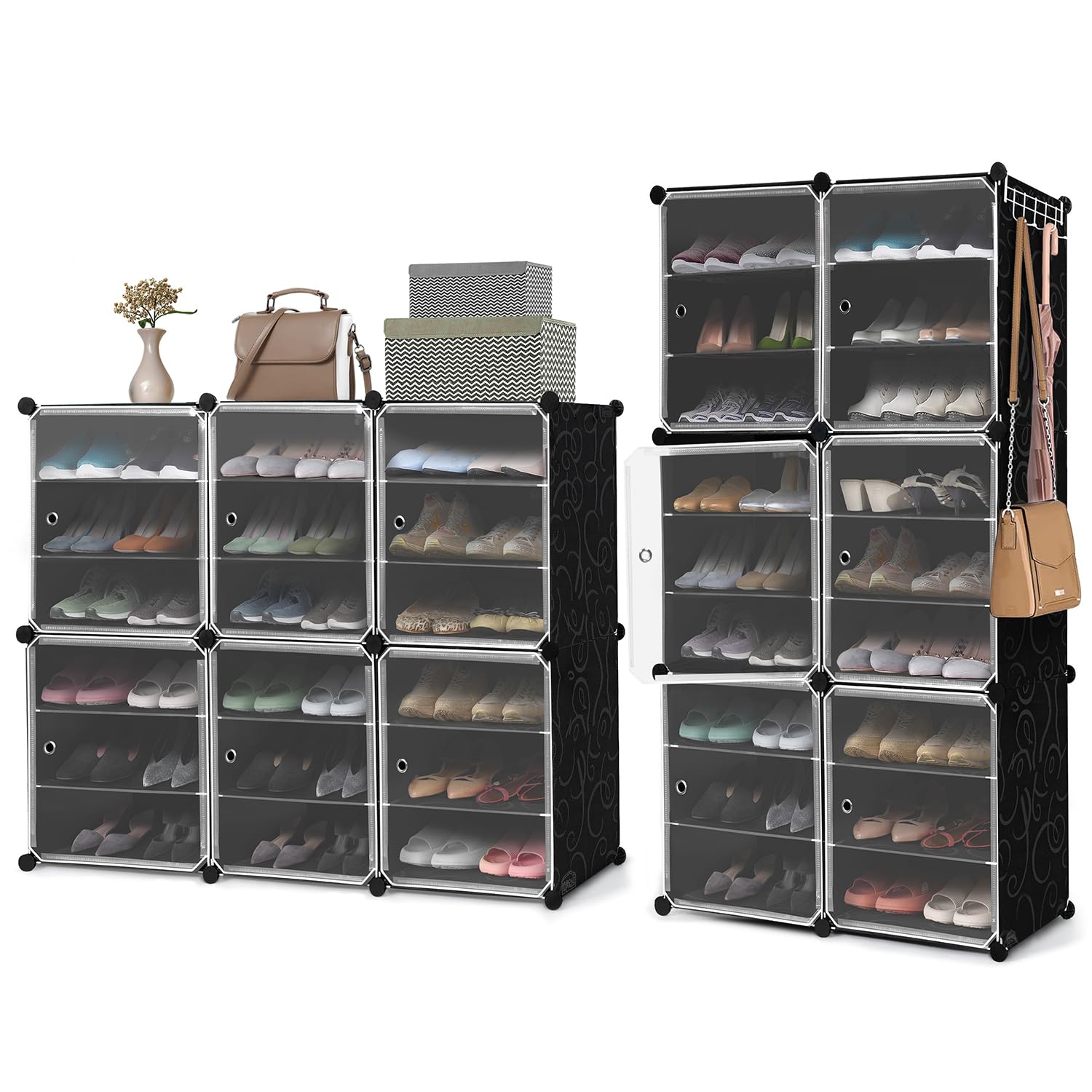 ABOUT SPACE Shoe Rack for Home with Door - 36 Pair DIY Slipper Stand with Hanger, 6 Cube Expandable Shelves Closed Shoes Rack for Home Men, Women Heels Boots Flip-Flops(Black-L 80 x B 30 x H 135 cm)