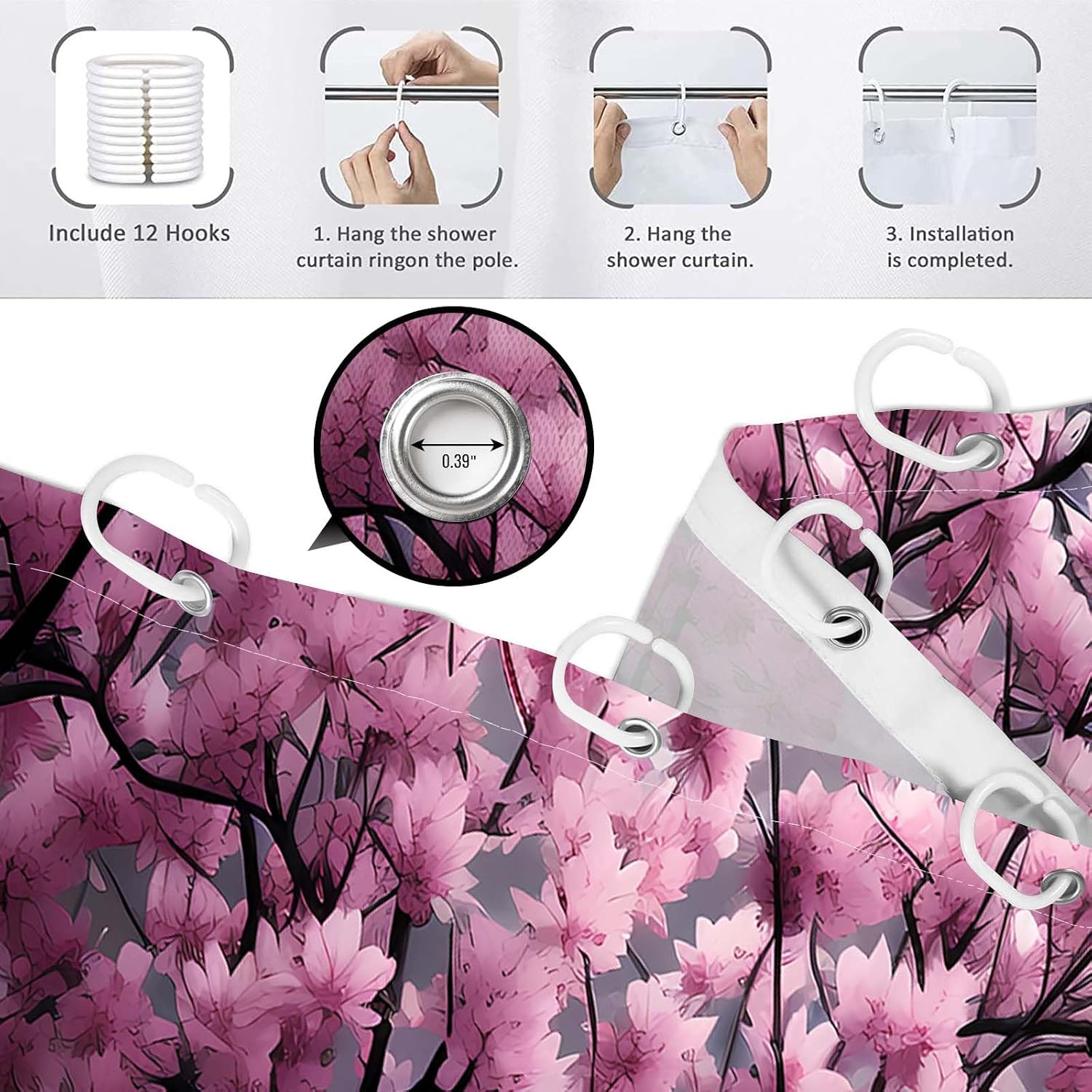 Japanese Shower Curtain Asian Cherry Blossom Bathroom Decor Mountain Bath Curtain, Waterproof Cloth Fabric with Hooks, 70x84 inch