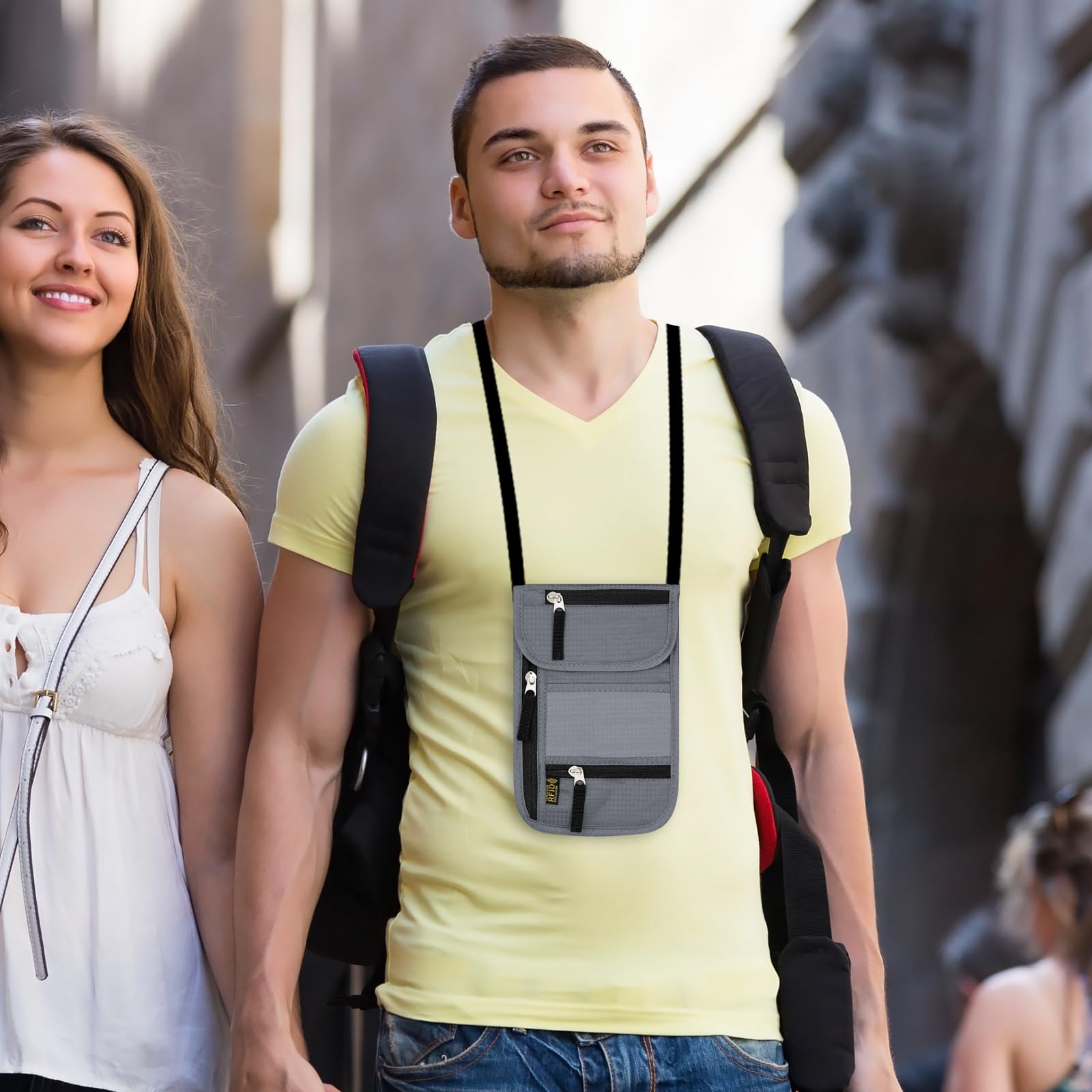 sundee Podróżny portfel na szyję z blokadą RFID dla mężczyzn i kobiet, etui na paszport i kieszeń na szyję z regulowanym paskiem na smycz, wąski portfel z kieszeniami na zamek błyskawiczny do