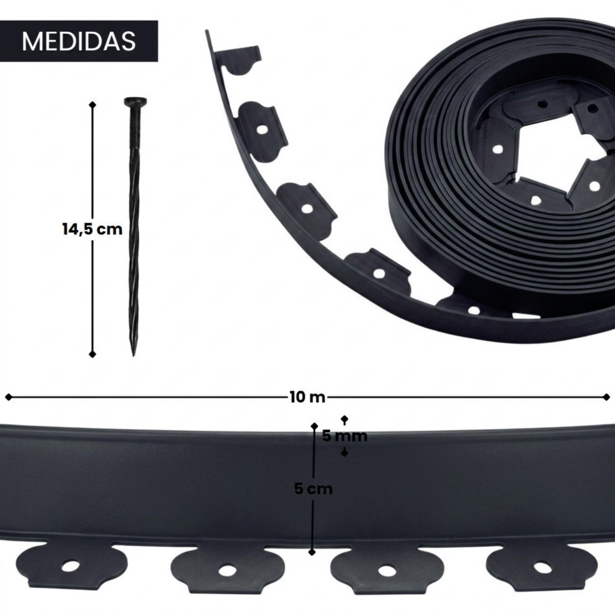 Ediesi, Bordura Jardín Exterior, 10 m, Flexible, Borde plástico Resistente 5 mm, borduras para delimitador césped, Caminos fácil instalación con 30 Piquetas (Negro, 10 Metros) — view 3