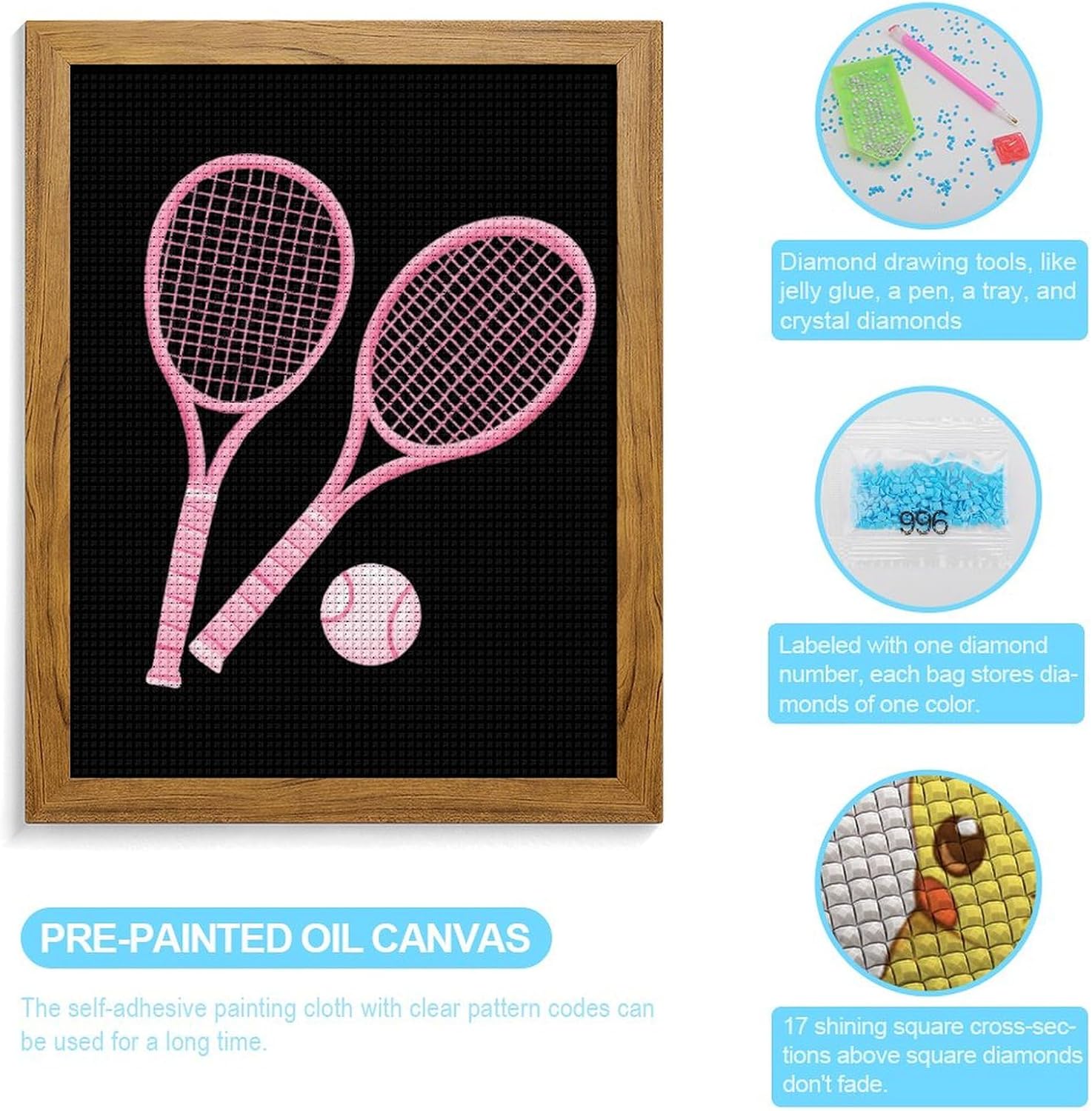 Tennis Racket And Ball Diamond 5D Painting Kits with Frame DIY Full Round Drill Gem Art Crafts for Home Wall Decor 16 X 20in Yellow Wood 40 * 50cm