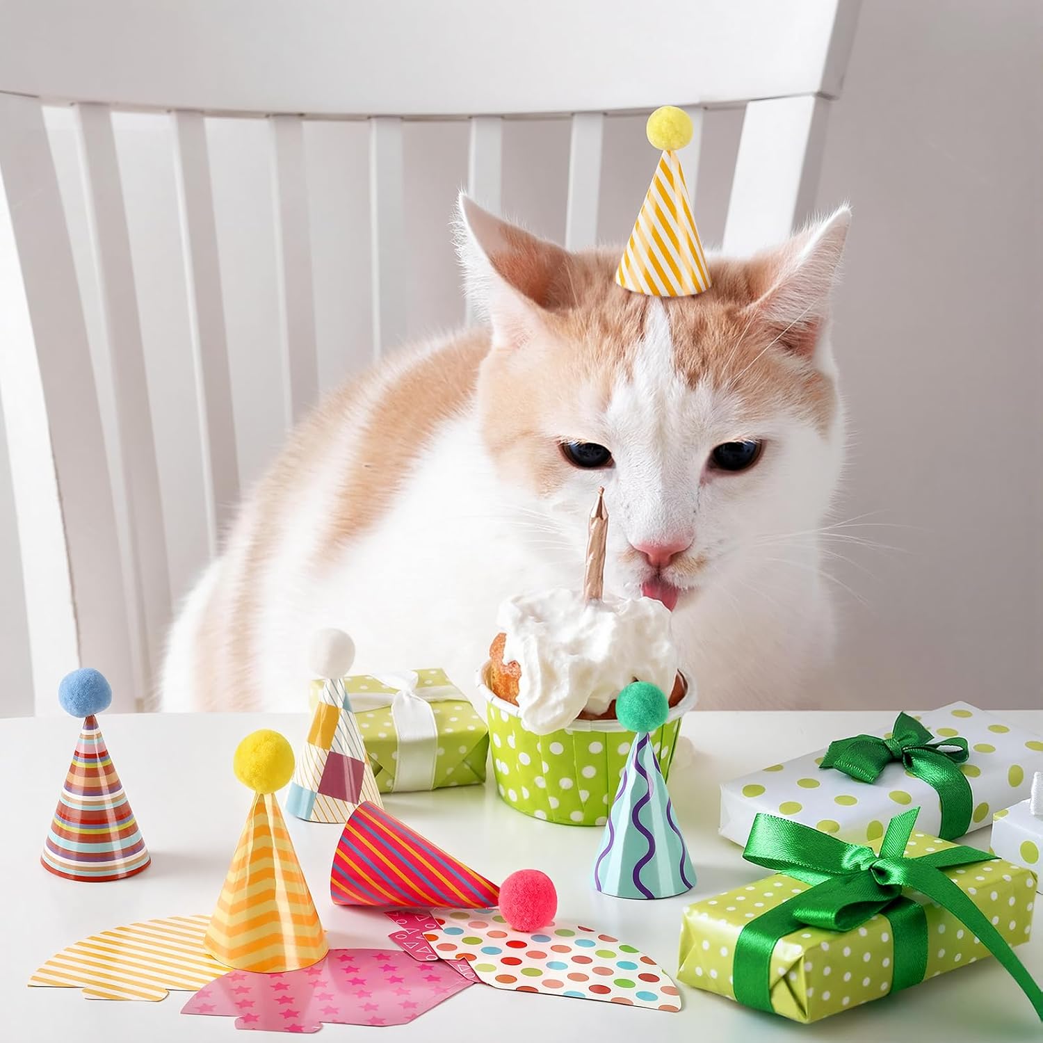 Hooqict 10 PCS Mini Small Party Hats for Stuffed Animals Colorful Tiny Birthday Party Cone Hats with Pom Poms for Baby Small Dogs Cats Pets Figures Birthday Decorations Supplies, 3 x 2 Inch
