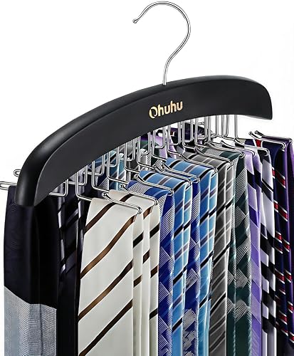 Ohuhu Organizador de Corbatas de Madera con 24 Ganchos - Colgador de Armario que Ahorra Espacio con Ganchos Giratorios de 360°, Clips