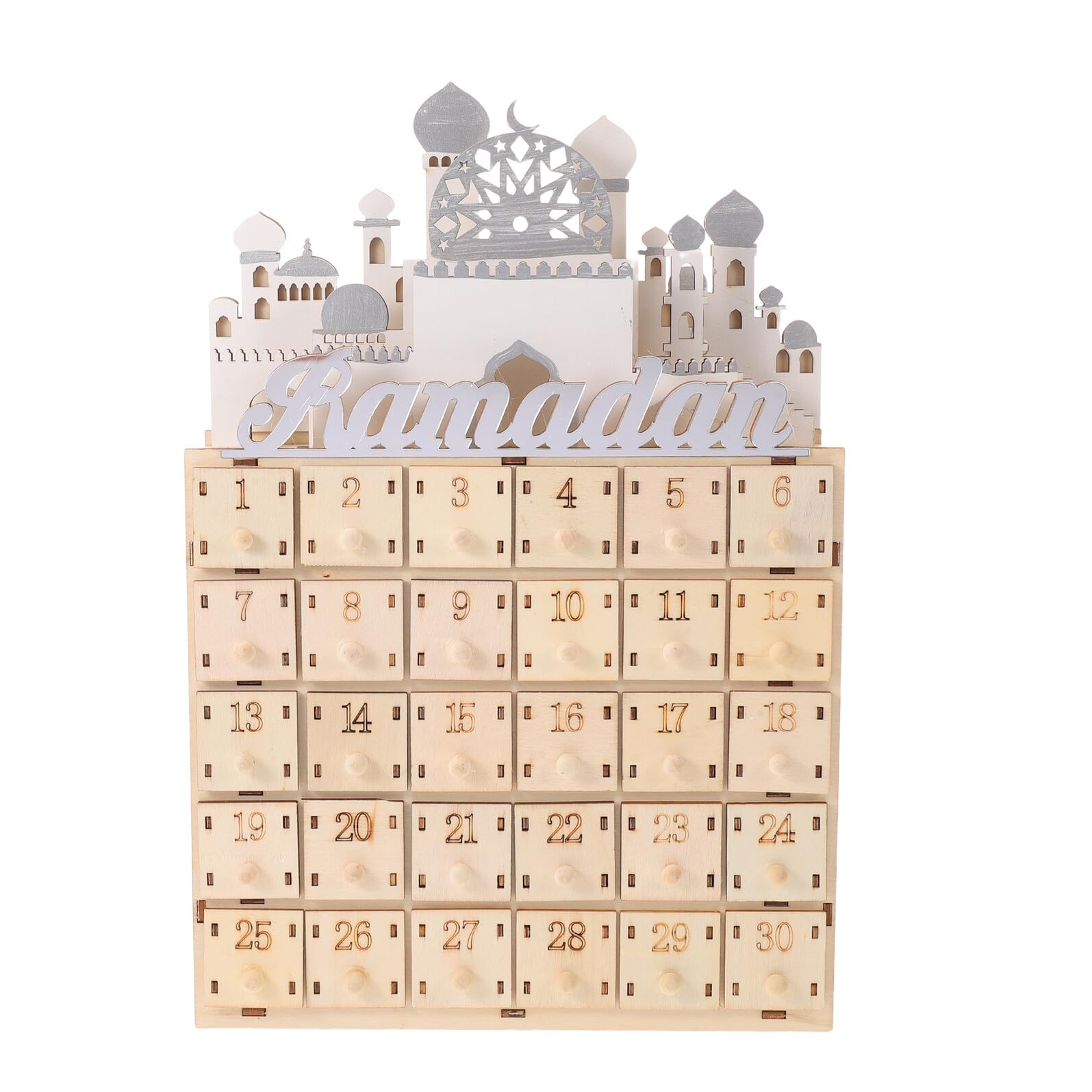 CANIGHT Drewniany Kalendarz Odliczający Do Ramadanu z Mini Szufladkami i LED Dekoracja Świąteczna Eid Mubarak Lampka Nocna Do Domu Muzułmański Kalendarz Festiwalowy Ramadan