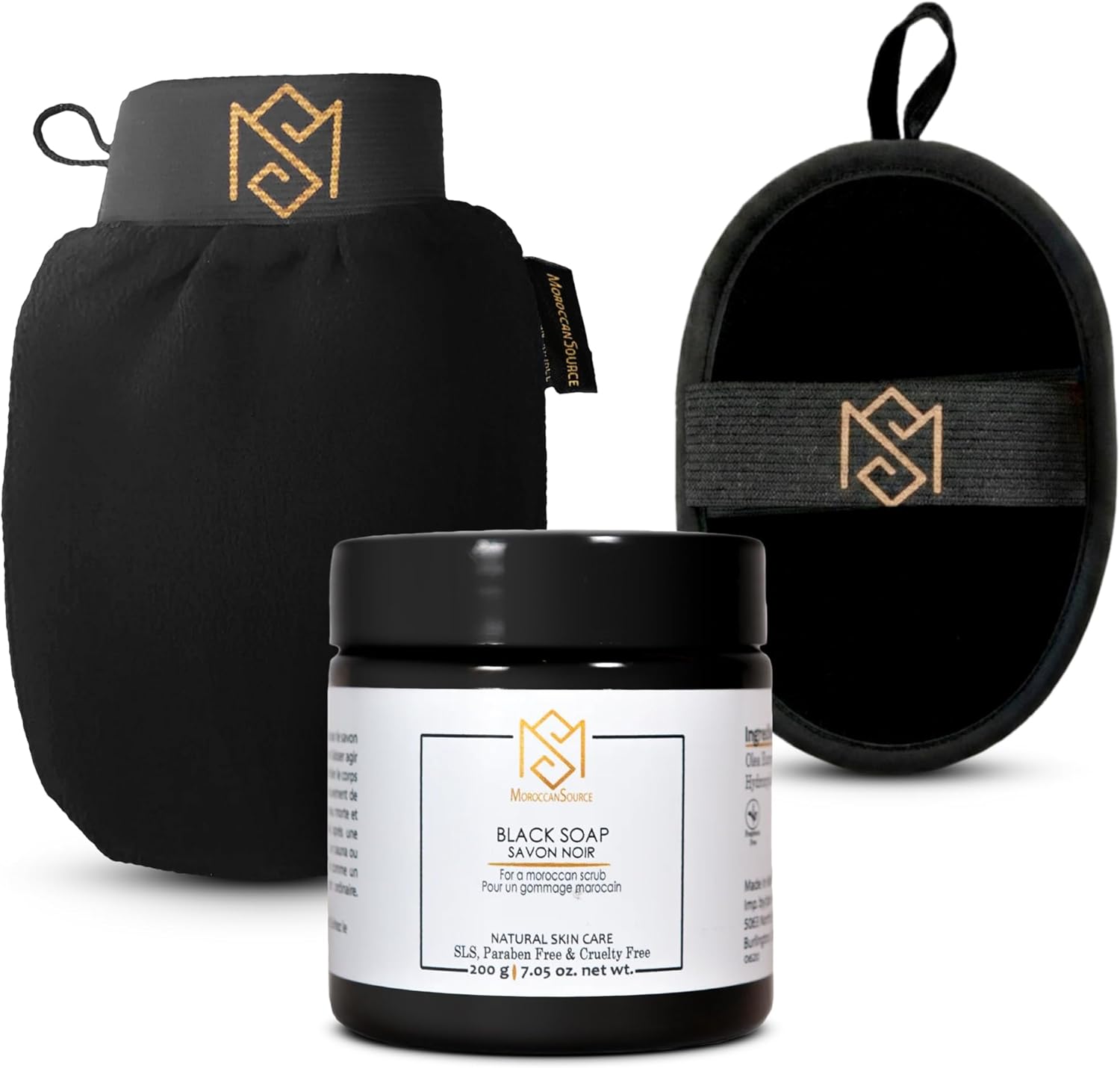 MS Face & Body Exfoliating Kit - Body Scrubbing Kessa Mitt, Moroccan Black Soap, and Premium Exfoliating Facial Mitt – Dead Skin Remover, Pore Cleansing, Skin Care for Men and Women (4-Piece Bundle)
