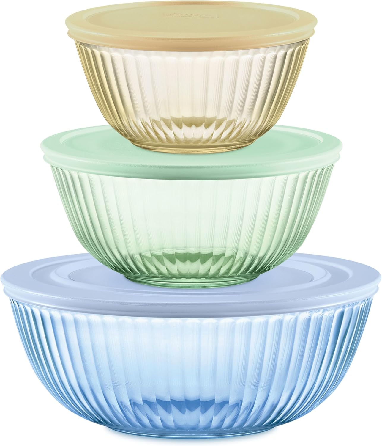 Pyrex Year Of Color Sculpted (3-Pack| 1.3 QT, 2.3 QT, 4.5 QT) Tinted Glass Mixing Bowls Set With Lids For Prepping, Baking and Cooking, Preheated Oven, Dishwasher, Freezer, and Microwave Safe