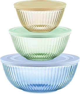 Pyrex Colors Tinted Glass Mixing Bowls 3-Pack with Lids (1.3QT, 2.3QT, 4.5QT) - Nesting, Microwave Safe for Prep, Bake & Store